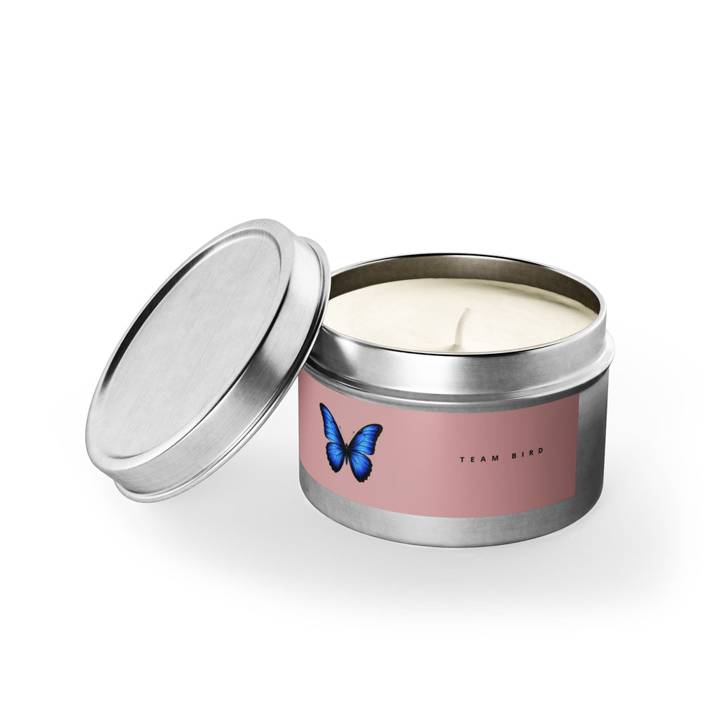 Butterfly Tin Candle — Floral & Vanilla Scented Travel Candle, 'Team Bird' Pink Label