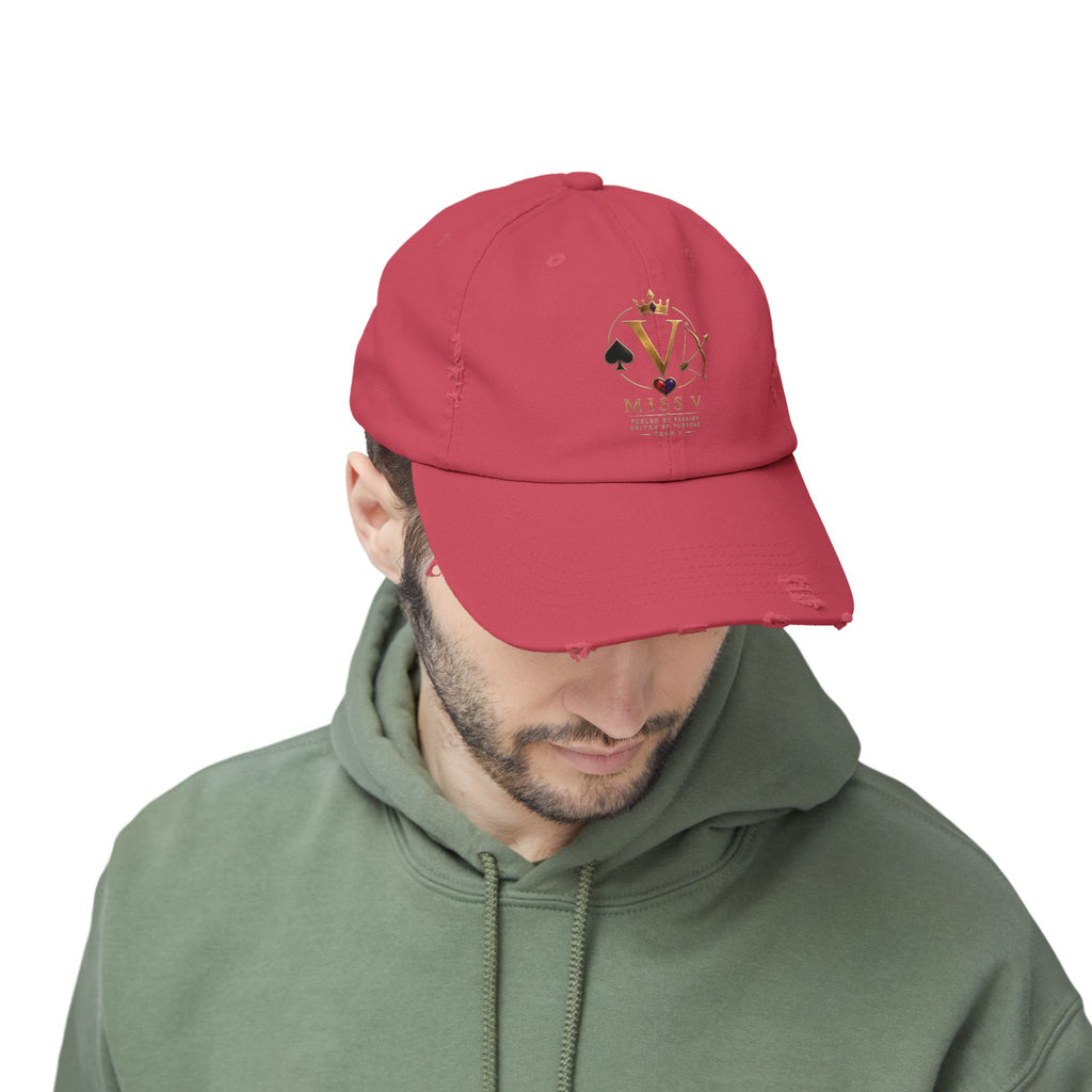 Distressed Black Cap — Miss V Crown & Card Emblem