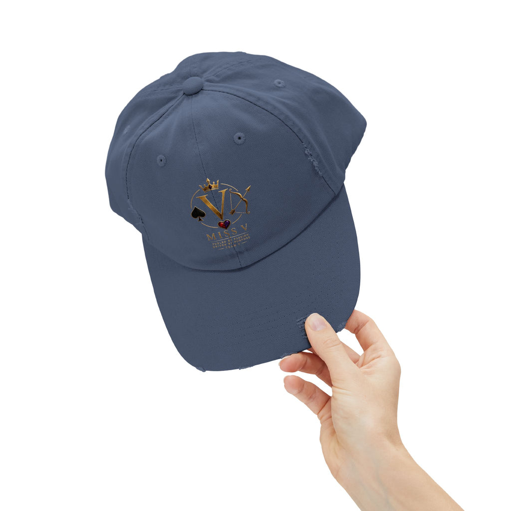Distressed Black Cap — Miss V Crown & Card Emblem