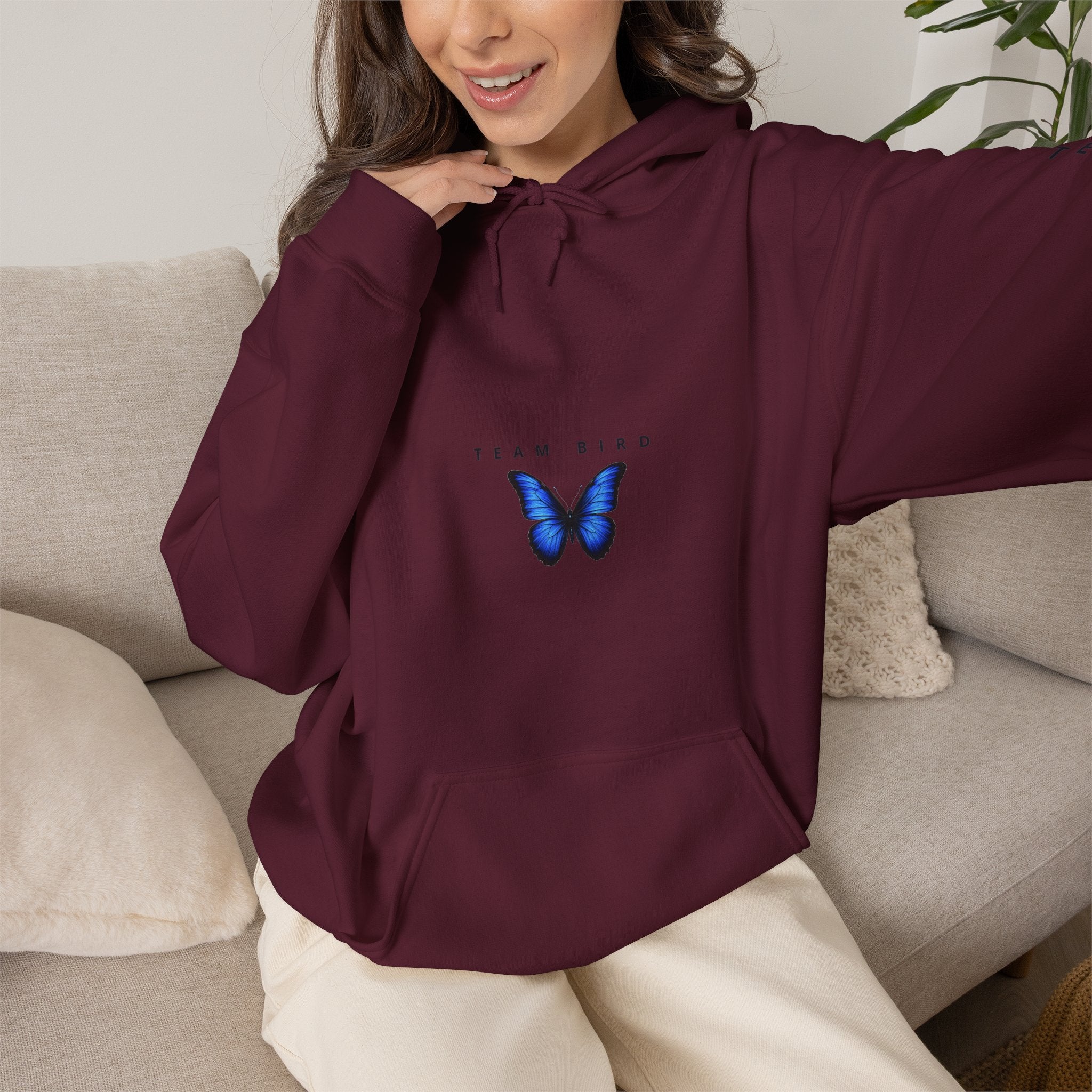Butterfly Hoodie — "Team Bird" Blue Butterfly Graphic Hooded Sweatshirt