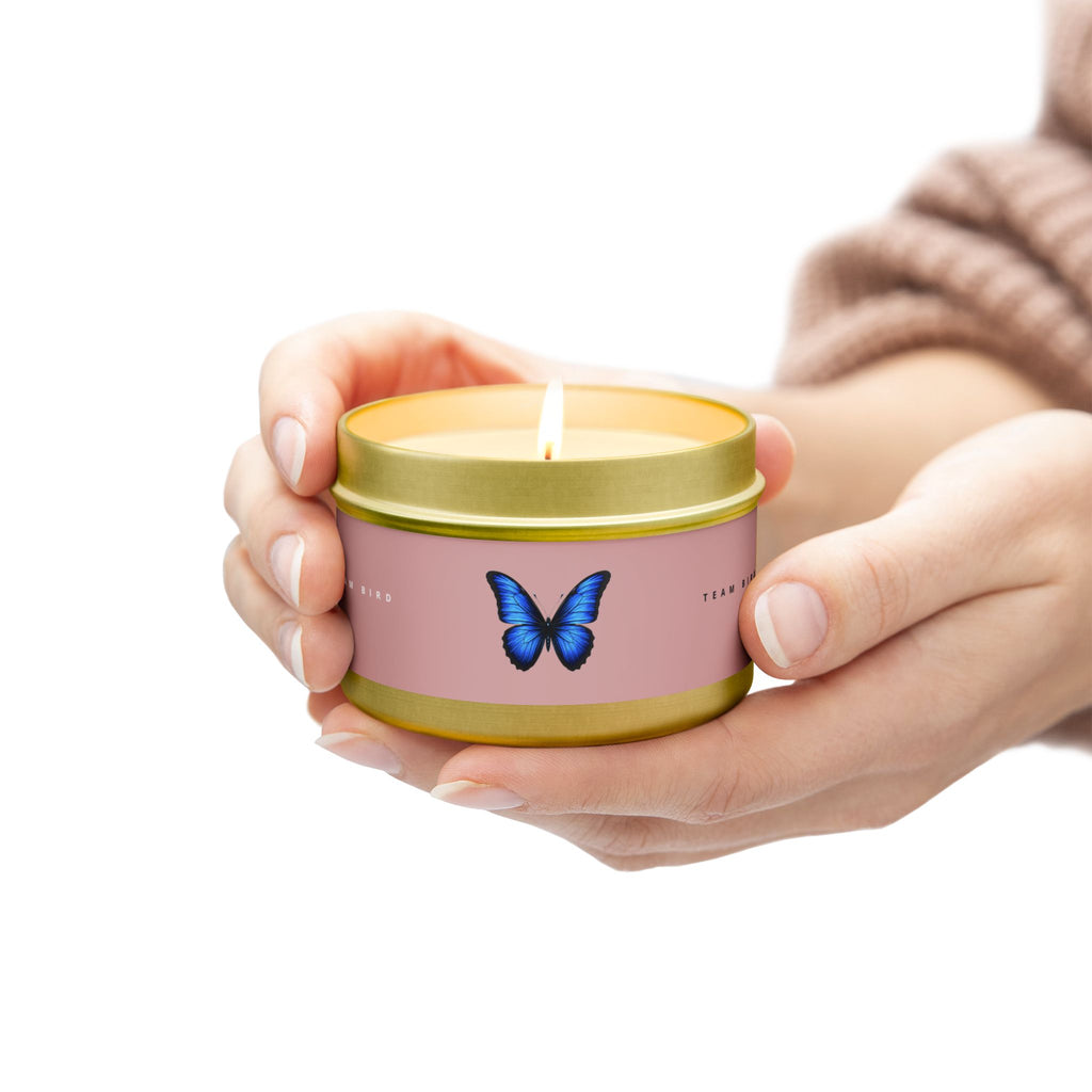 Butterfly Tin Candle — Floral & Vanilla Scented Travel Candle, 'Team Bird' Pink Label
