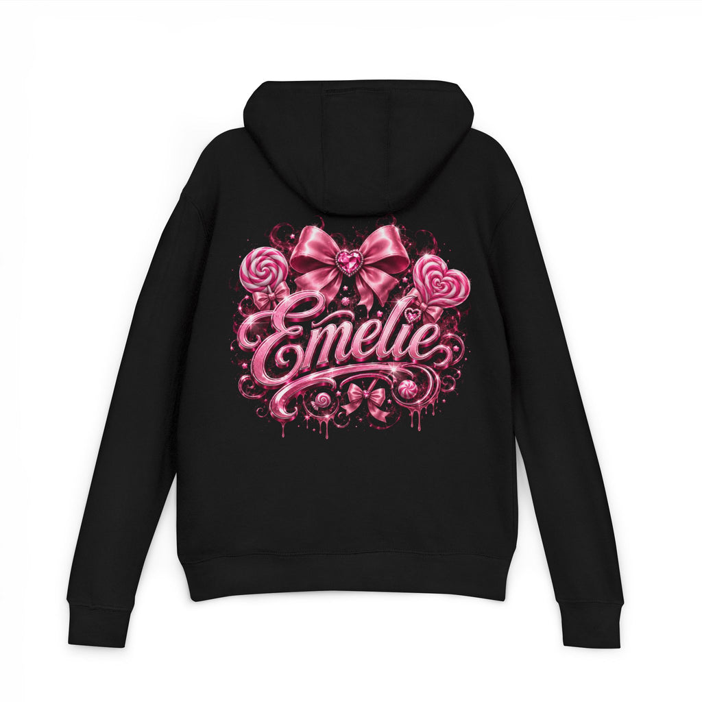 Name Personalized Hoodie — Pink Ribbon Candy Script Back Design