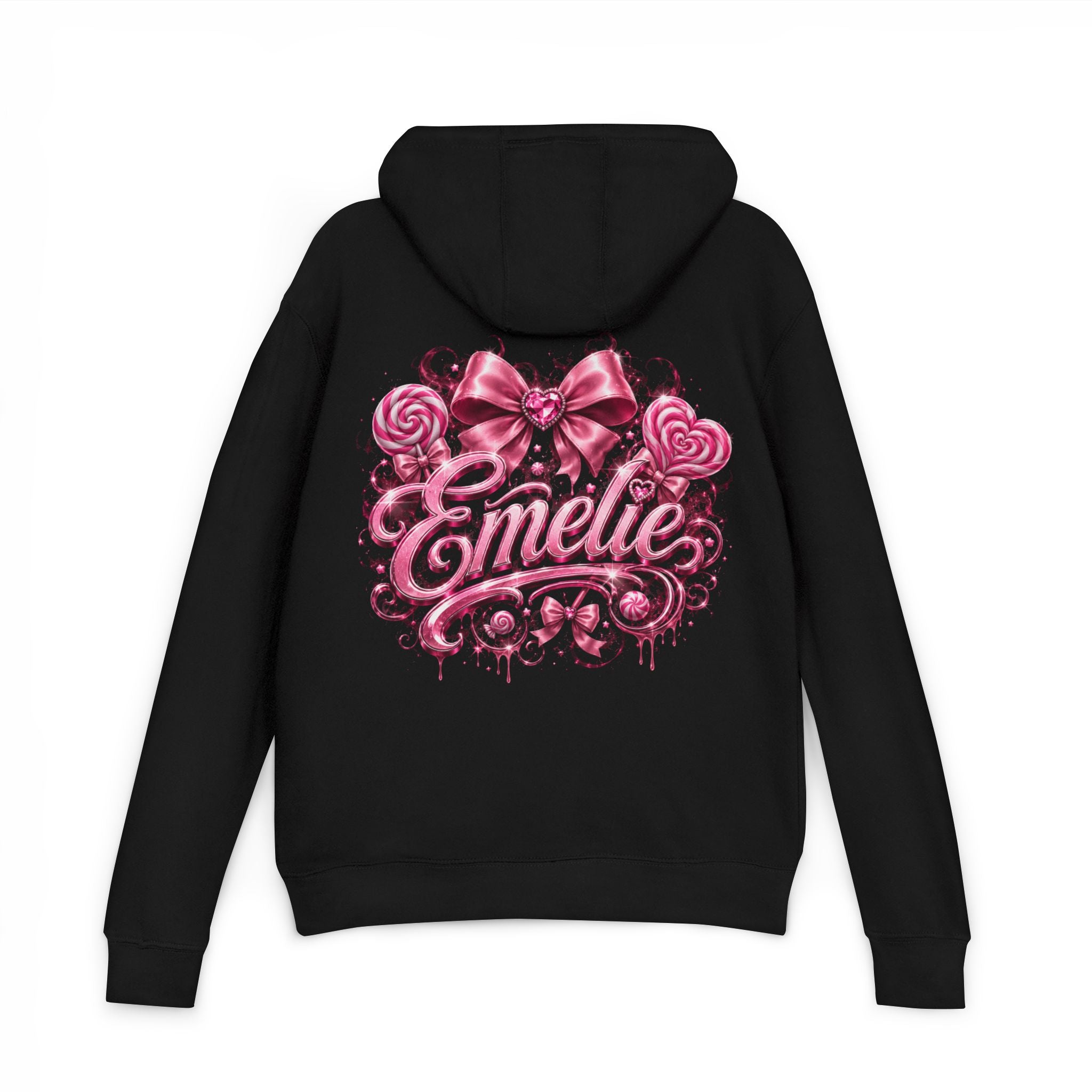 Name Personalized Hoodie — Pink Ribbon Candy Script Back Design