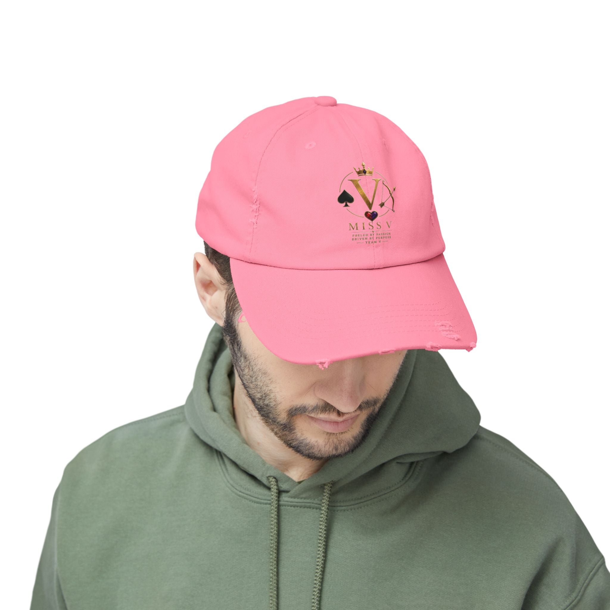 Distressed Black Cap — Miss V Crown & Card Emblem