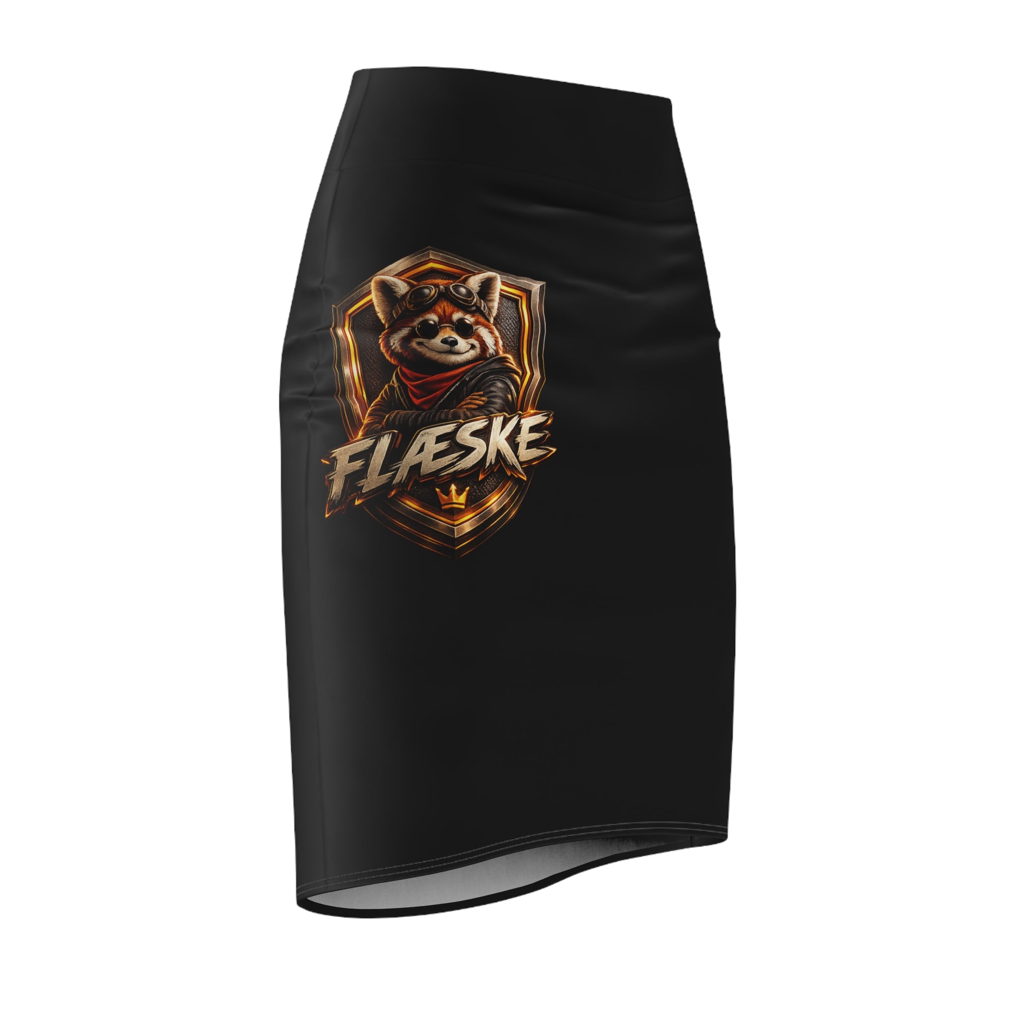 Raccoon Crest Black Pencil Skirt — "Aleske" Logo High-Waist Graphic Skirt