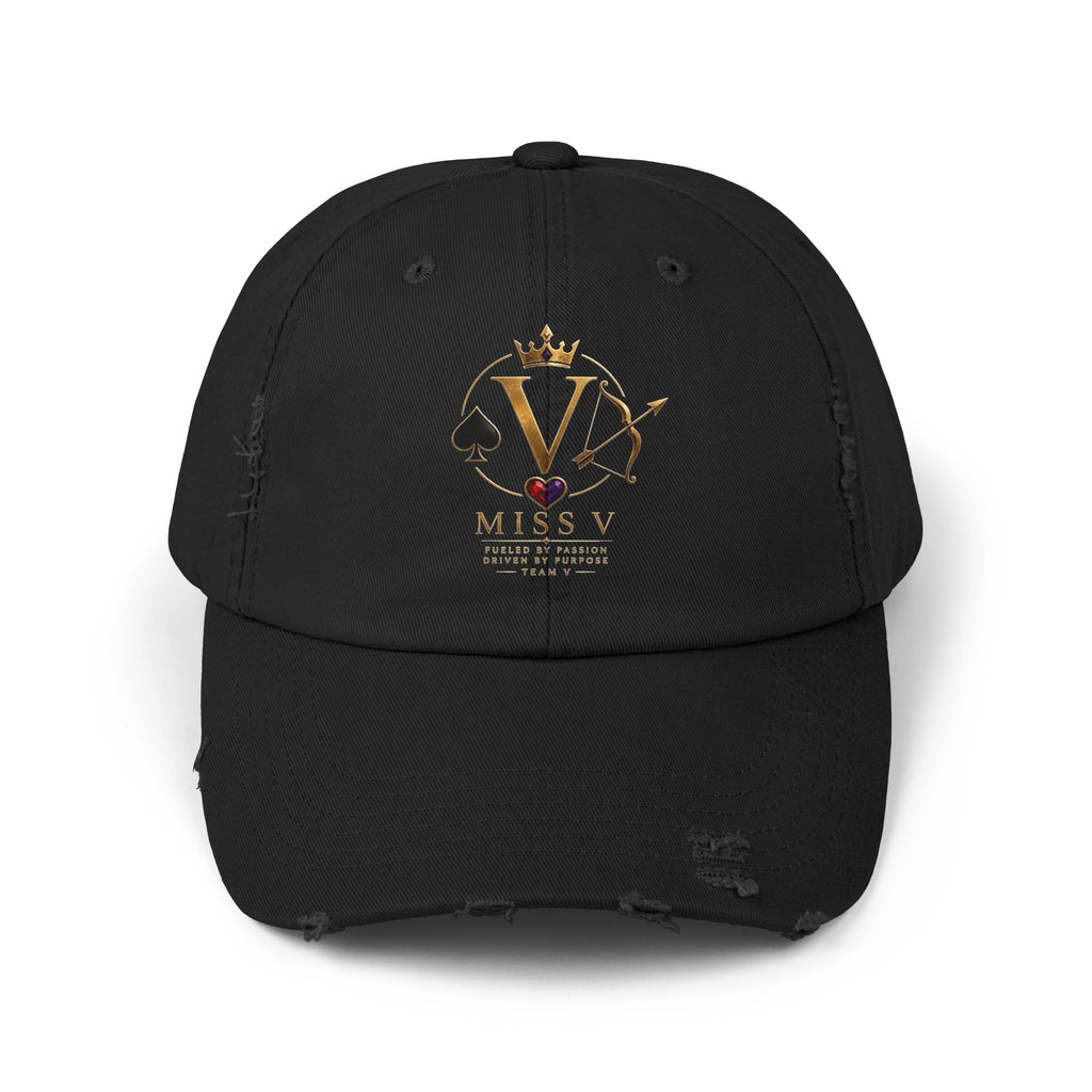 Distressed Black Cap — Miss V Crown & Card Emblem