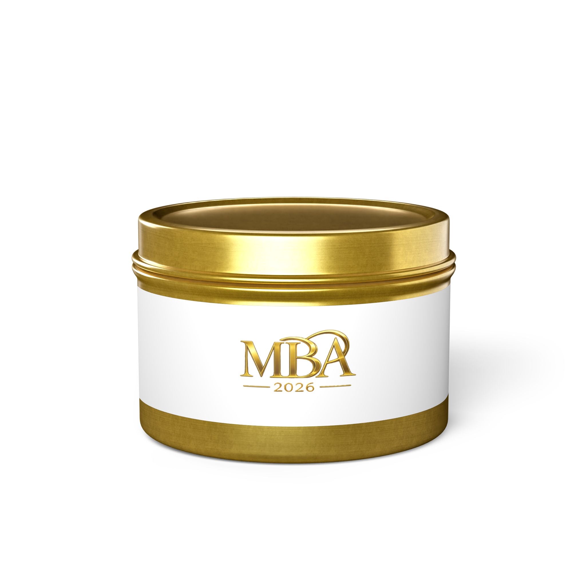 MBA 2026 Gold Logo Tin Candle — Luxury Scented Gift