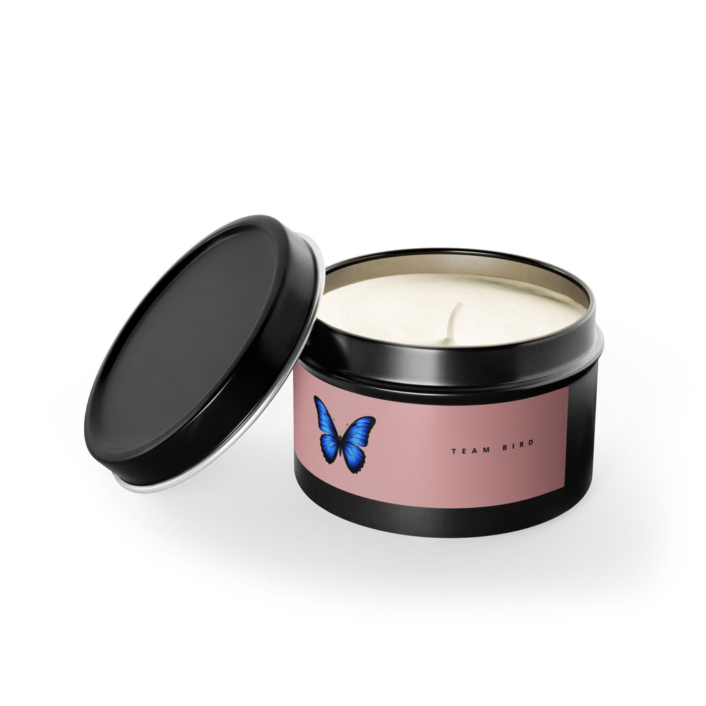 Butterfly Tin Candle — Floral & Vanilla Scented Travel Candle, 'Team Bird' Pink Label