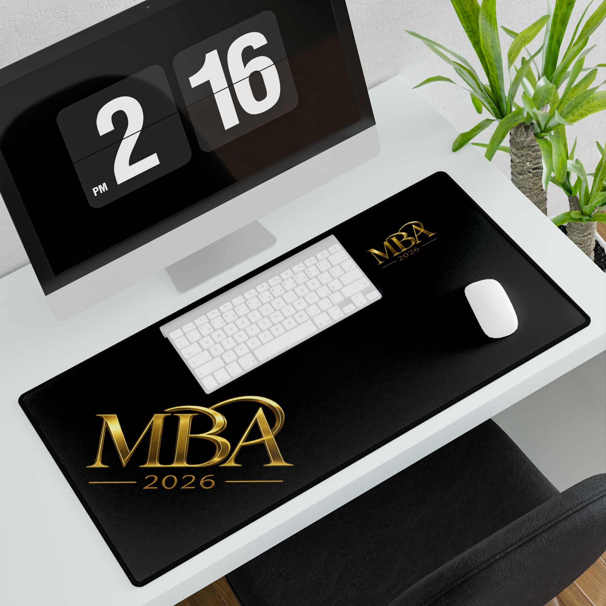 MBA 2026 Gold Logo Desk Mat — Luxury Black Extended Desk Pad for Graduates & Professionals