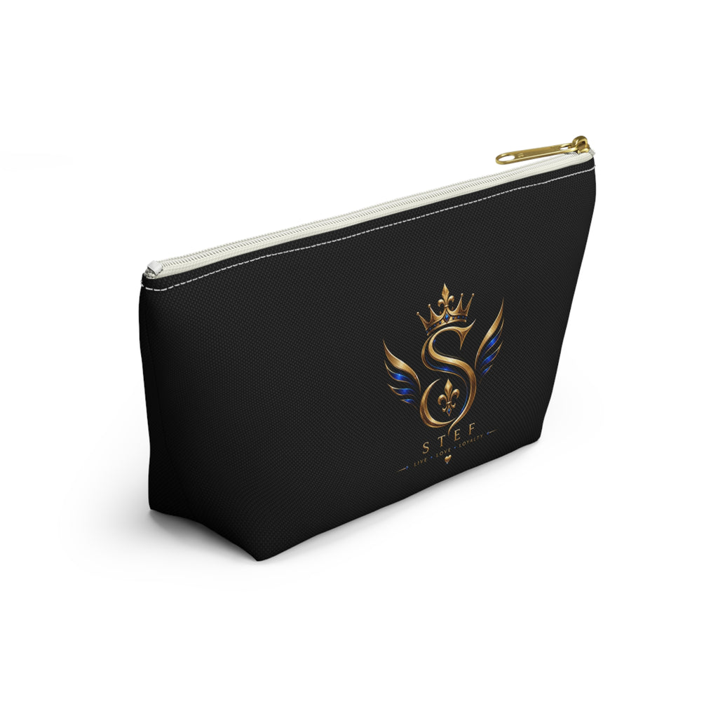 Royal S Emblem Accessory Pouch — Luxurious Black Makeup Bag with Gold Crown Logo