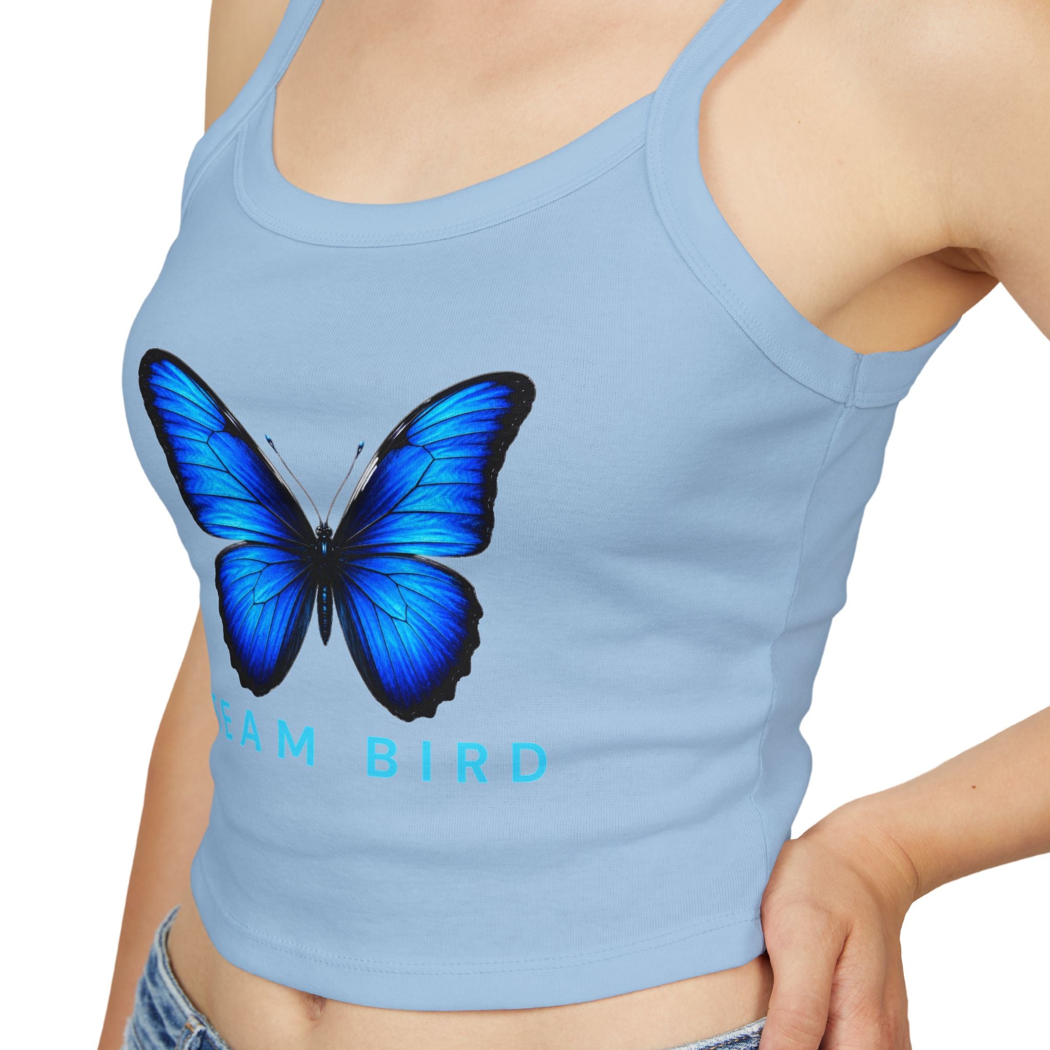 Team Bird Blue Butterfly Tank Top — Women's Spaghetti Strap Crop