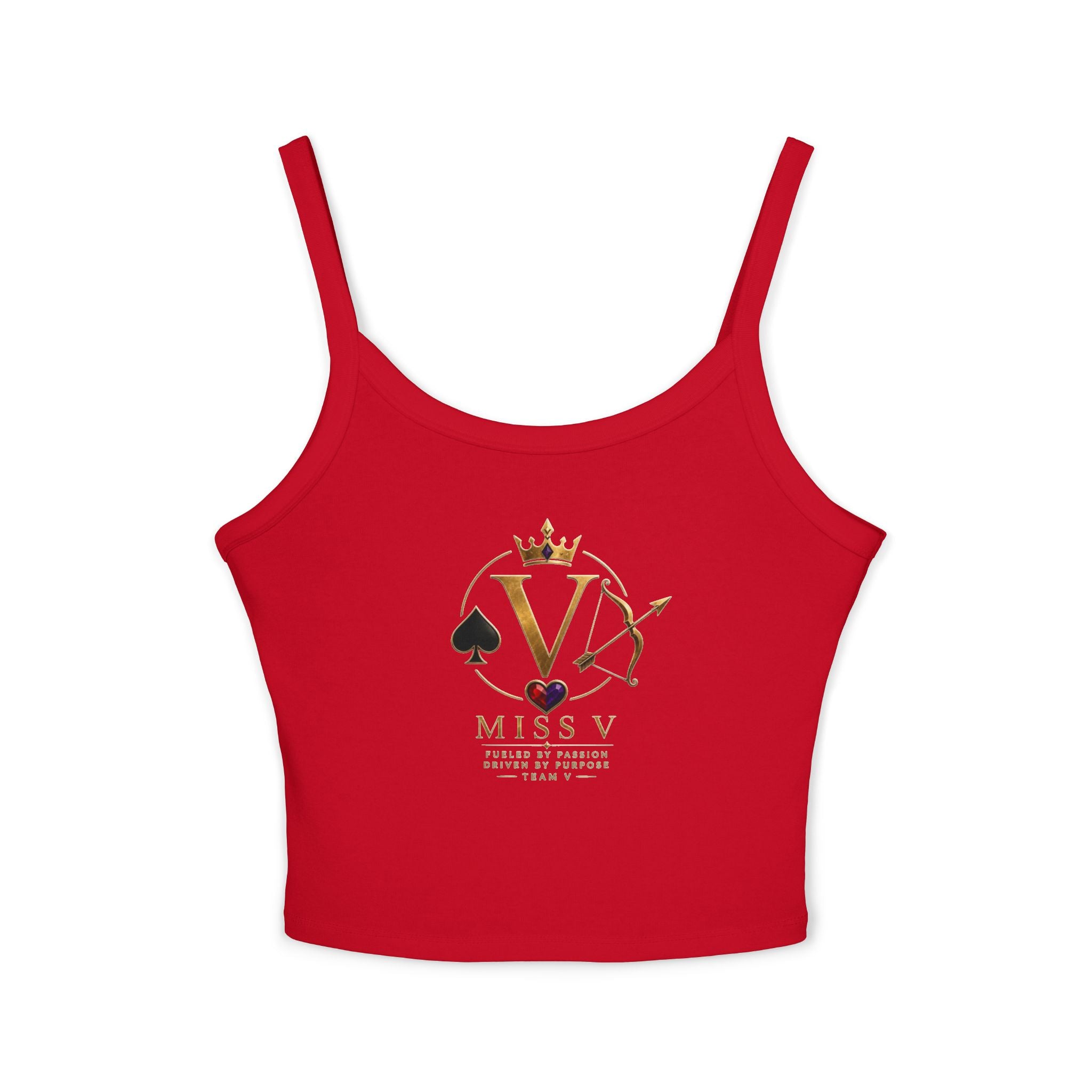 Spaghetti Tank Top — "Miss V" Gold Crown Playing Card Logo Crop