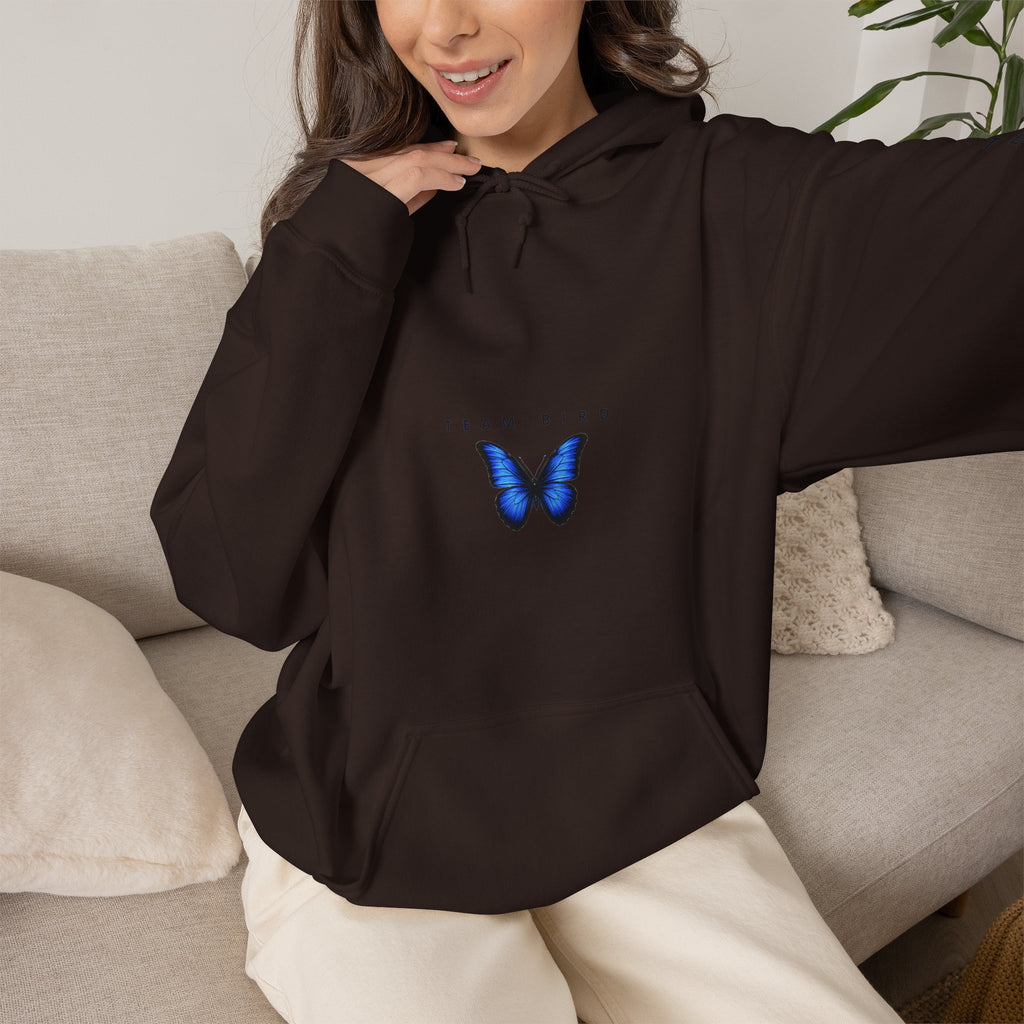 Butterfly Hoodie — "Team Bird" Blue Butterfly Graphic Hooded Sweatshirt