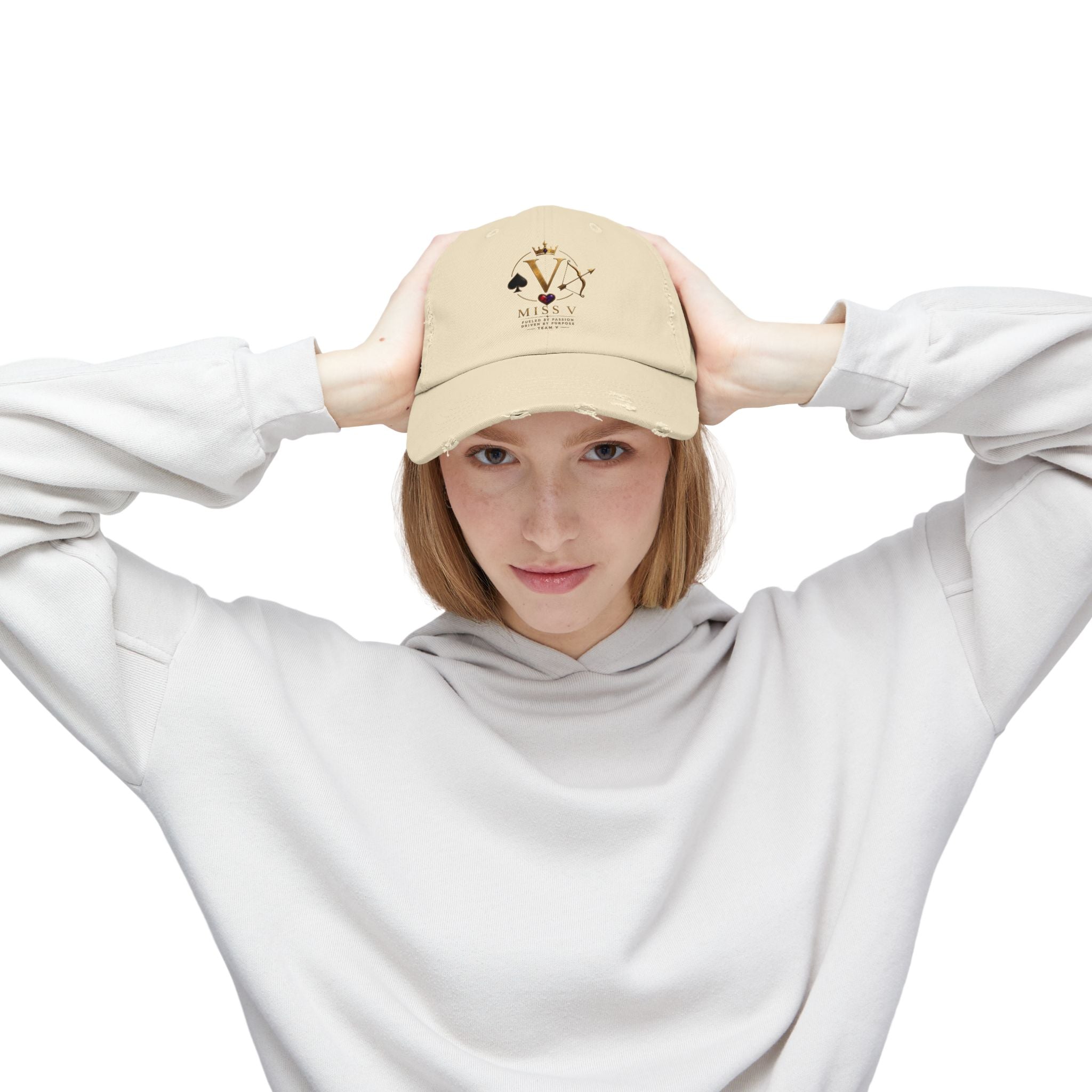 Distressed Black Cap — Miss V Crown & Card Emblem