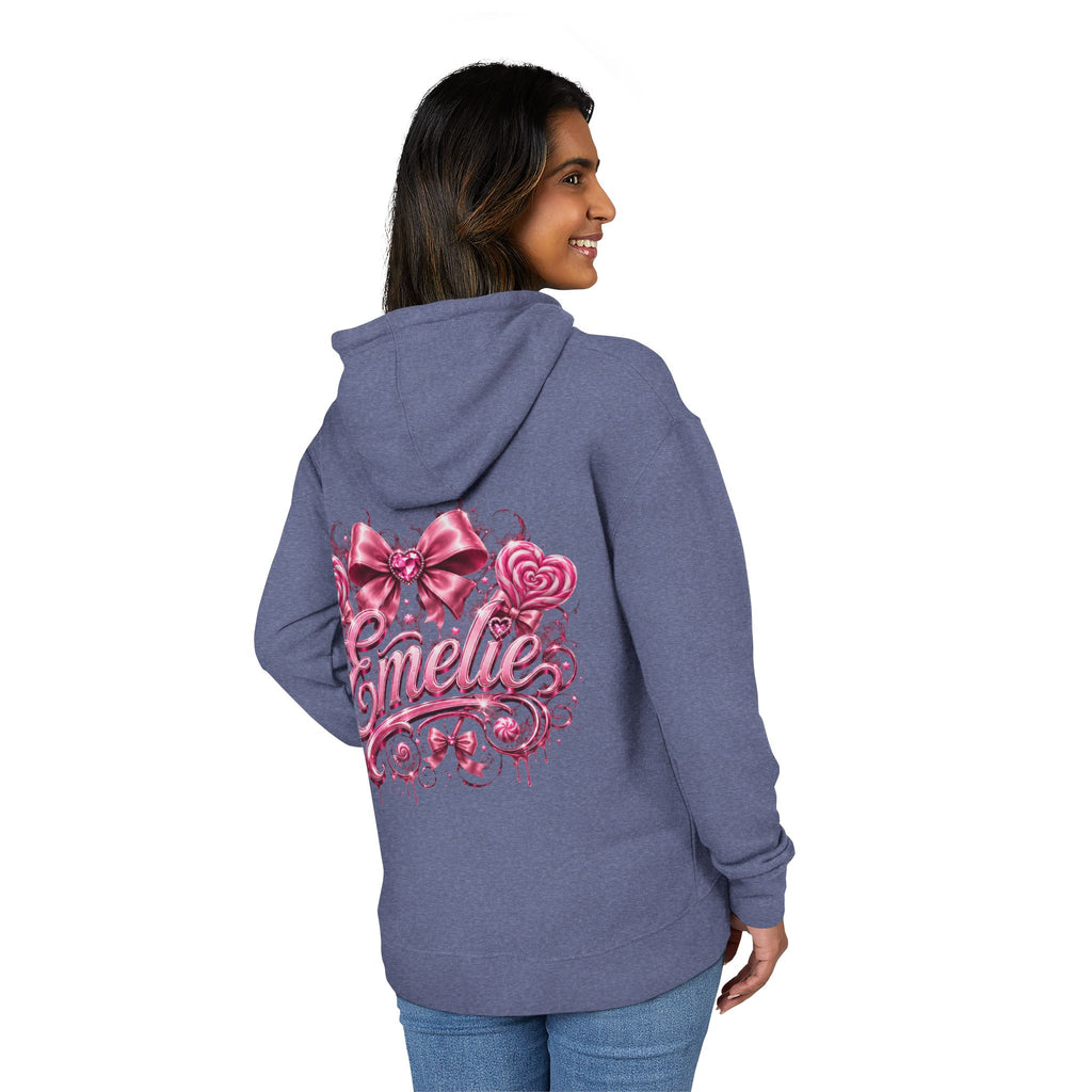 Name Personalized Hoodie — Pink Ribbon Candy Script Back Design