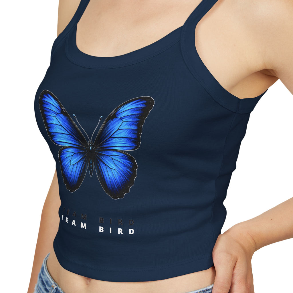 Blue Butterfly Crop Tank — "Team Bird" Women's Spaghetti Strap Top
