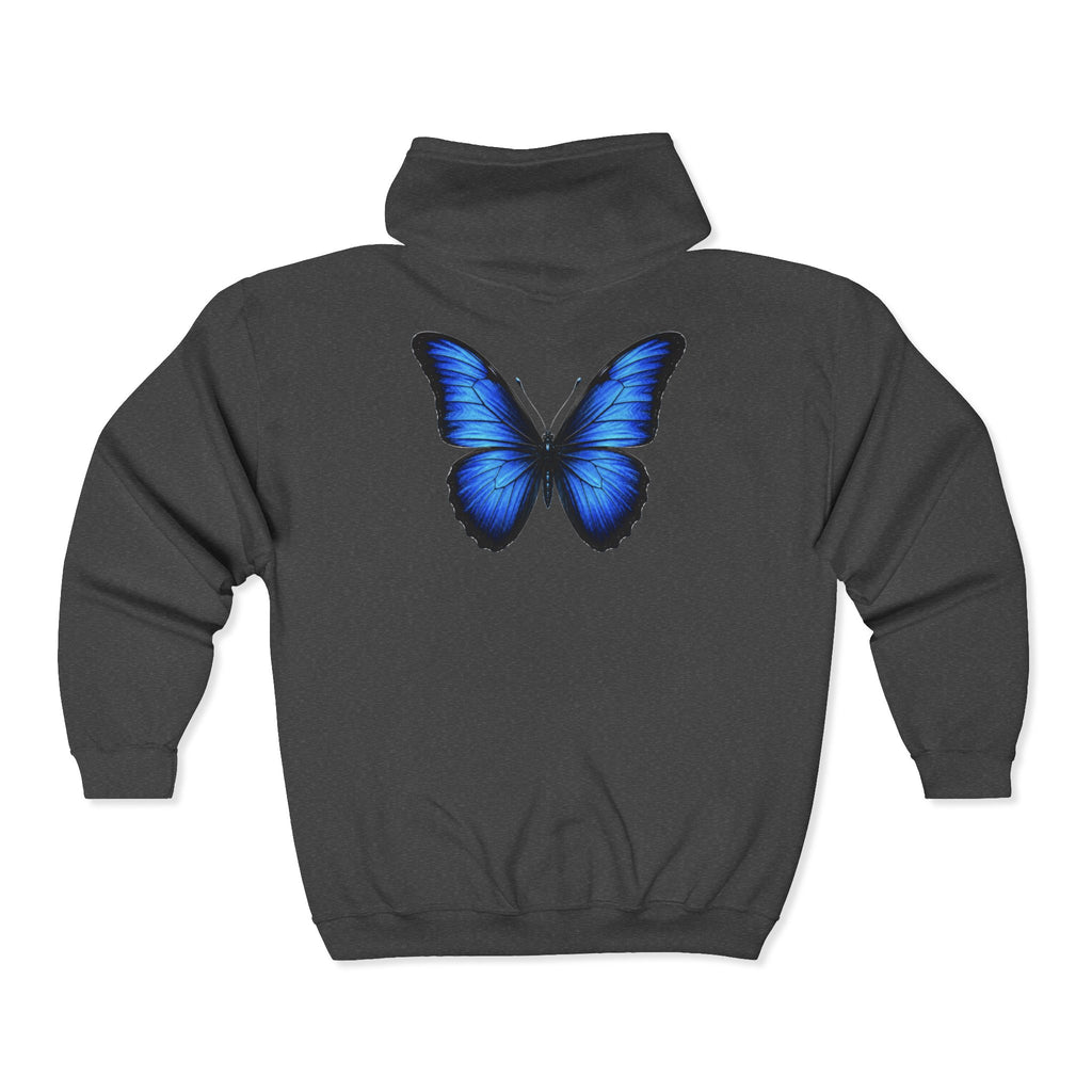 Blue Butterfly Zip Hoodie — "Team Bird" Minimal Front Logo, Vibrant Back Graphic
