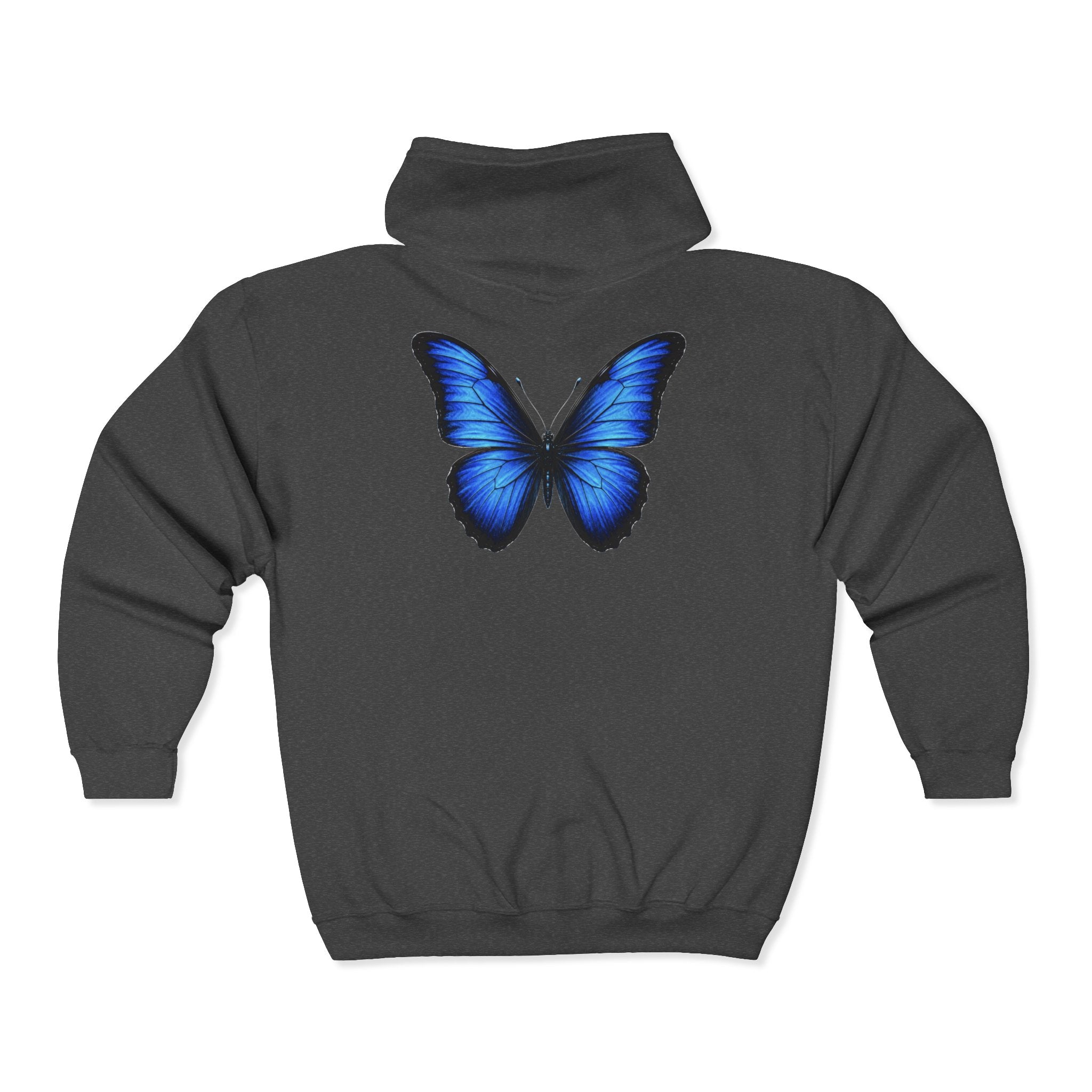 Blue Butterfly Zip Hoodie — "Team Bird" Minimal Front Logo, Vibrant Back Graphic