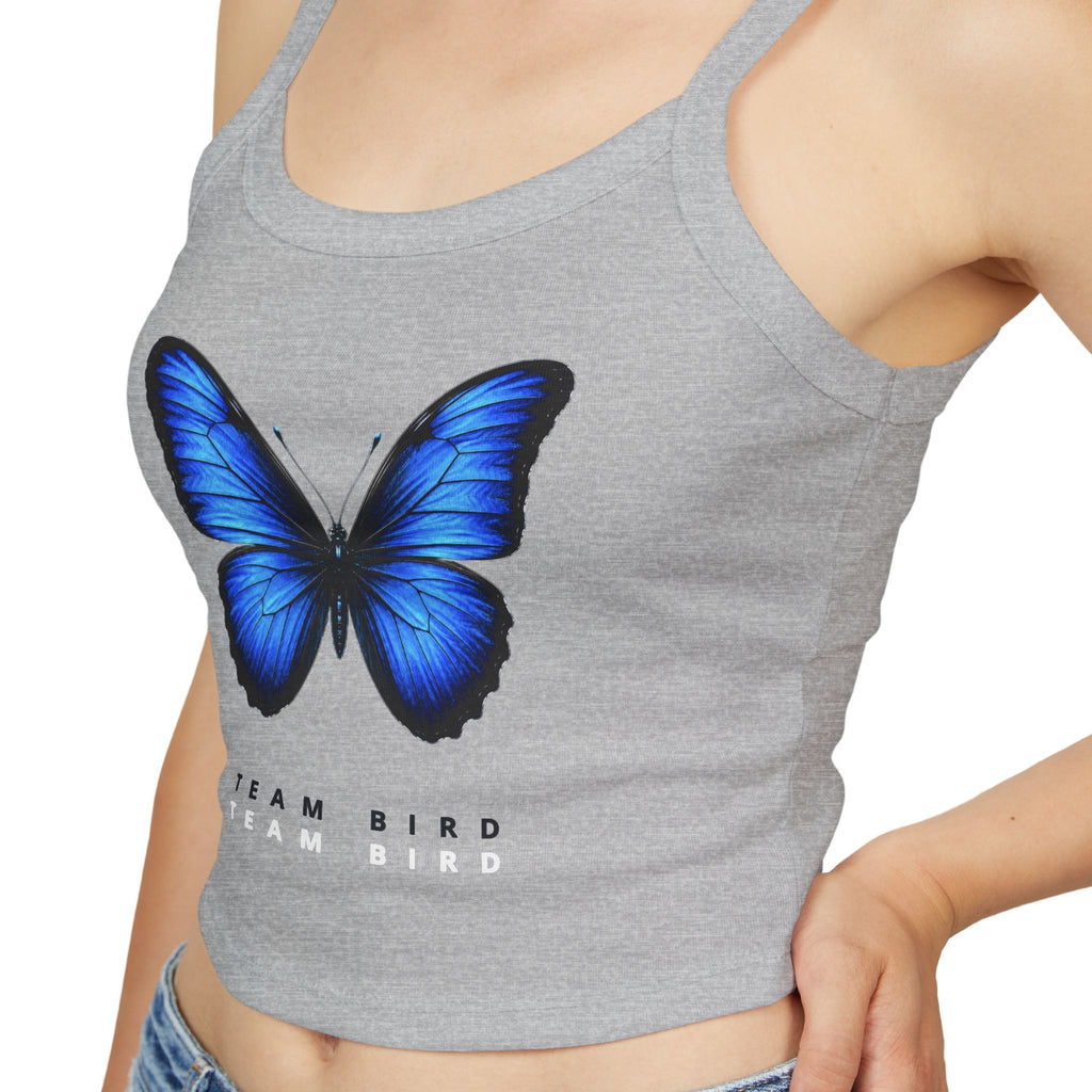 Blue Butterfly Crop Tank — "Team Bird" Women's Spaghetti Strap Top