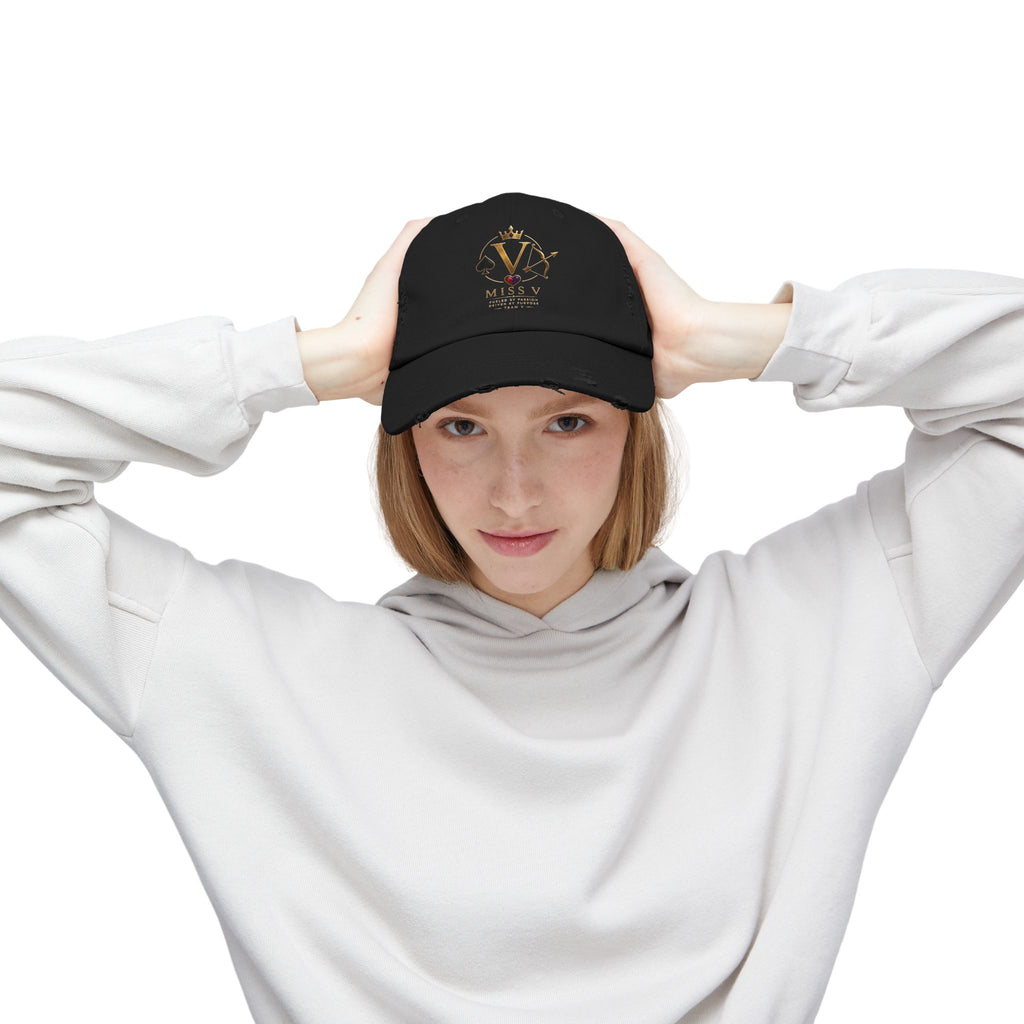 Distressed Black Cap — Miss V Crown & Card Emblem
