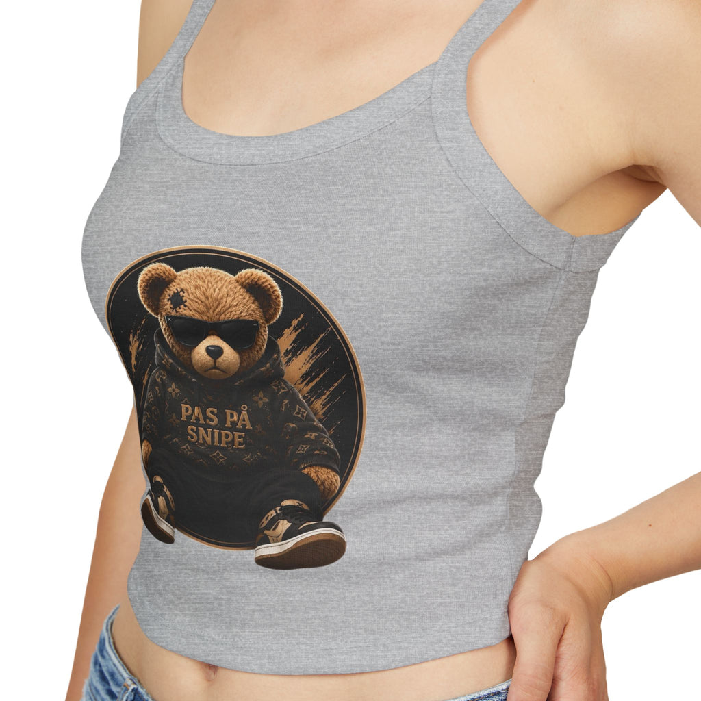 Teddy Bear Graphic Tank Top — "Pas På Snipe" Cute Vintage Bear Crop Top