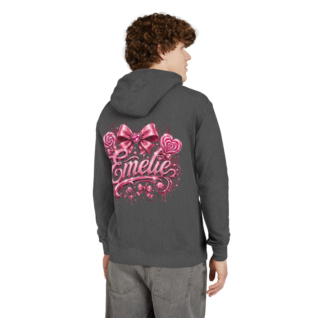 Name Personalized Hoodie — Pink Ribbon Candy Script Back Design