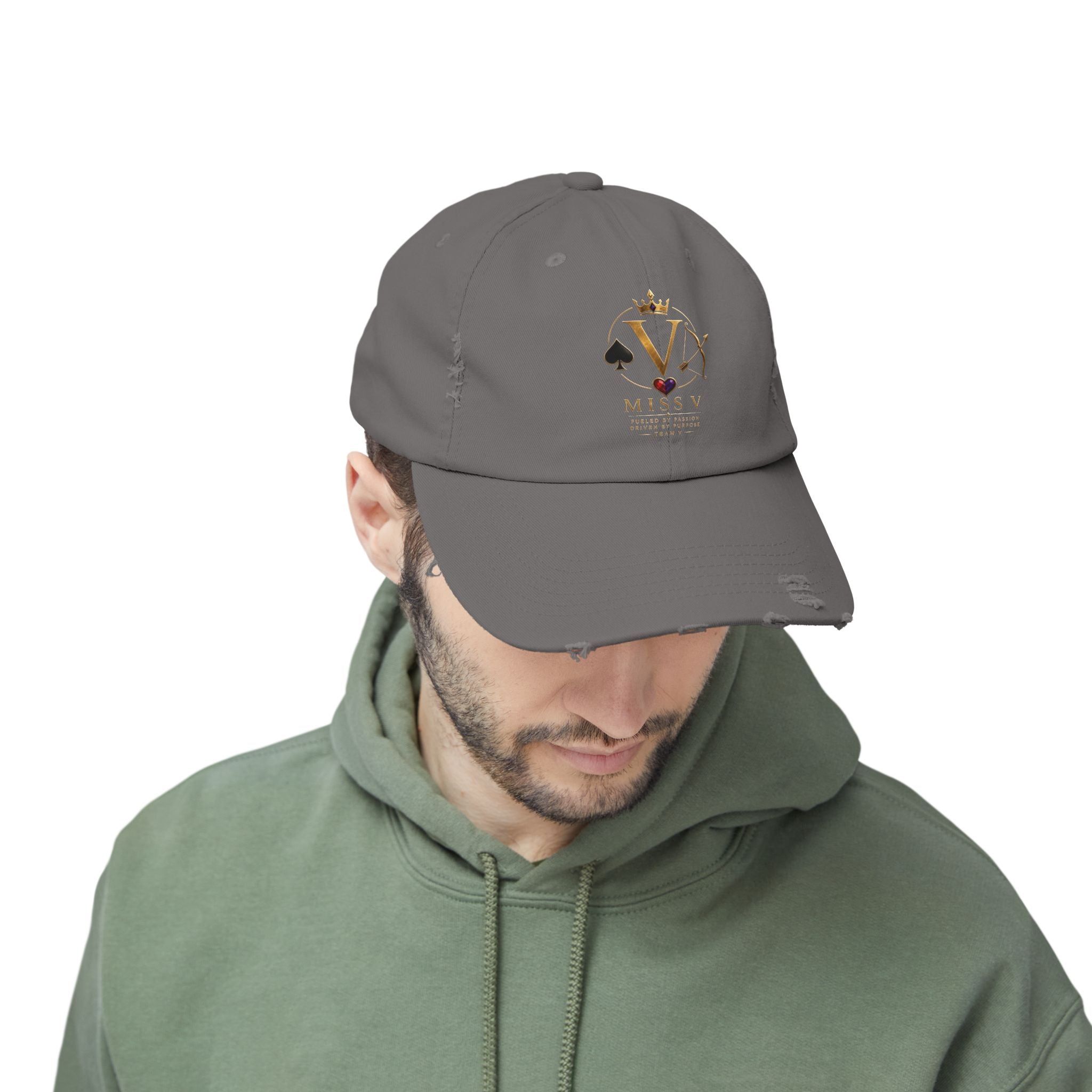 Distressed Black Cap — Miss V Crown & Card Emblem