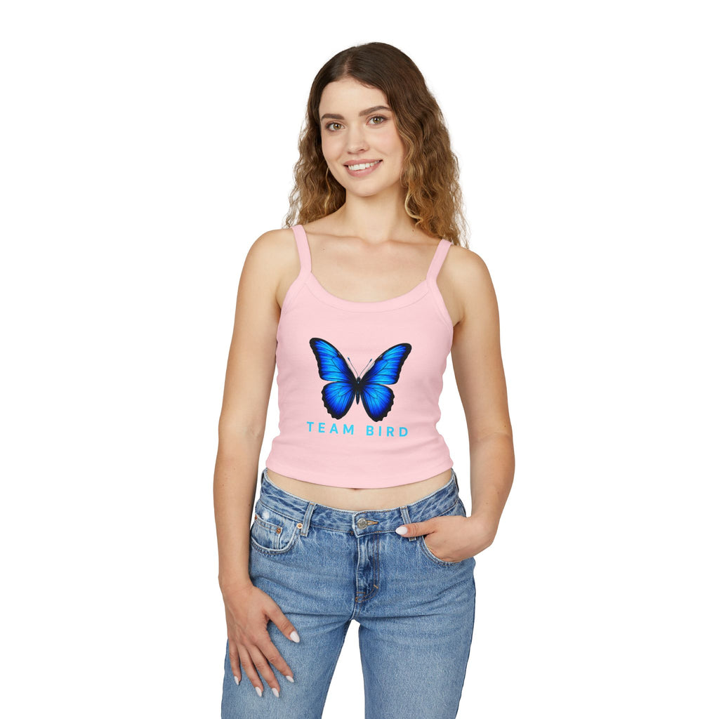 Team Bird Blue Butterfly Tank Top — Women's Spaghetti Strap Crop