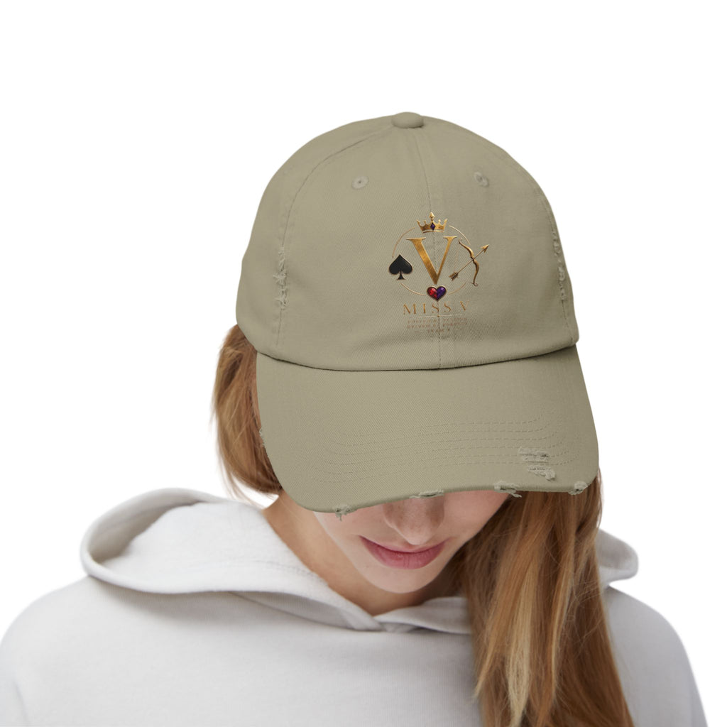 Distressed Black Cap — Miss V Crown & Card Emblem
