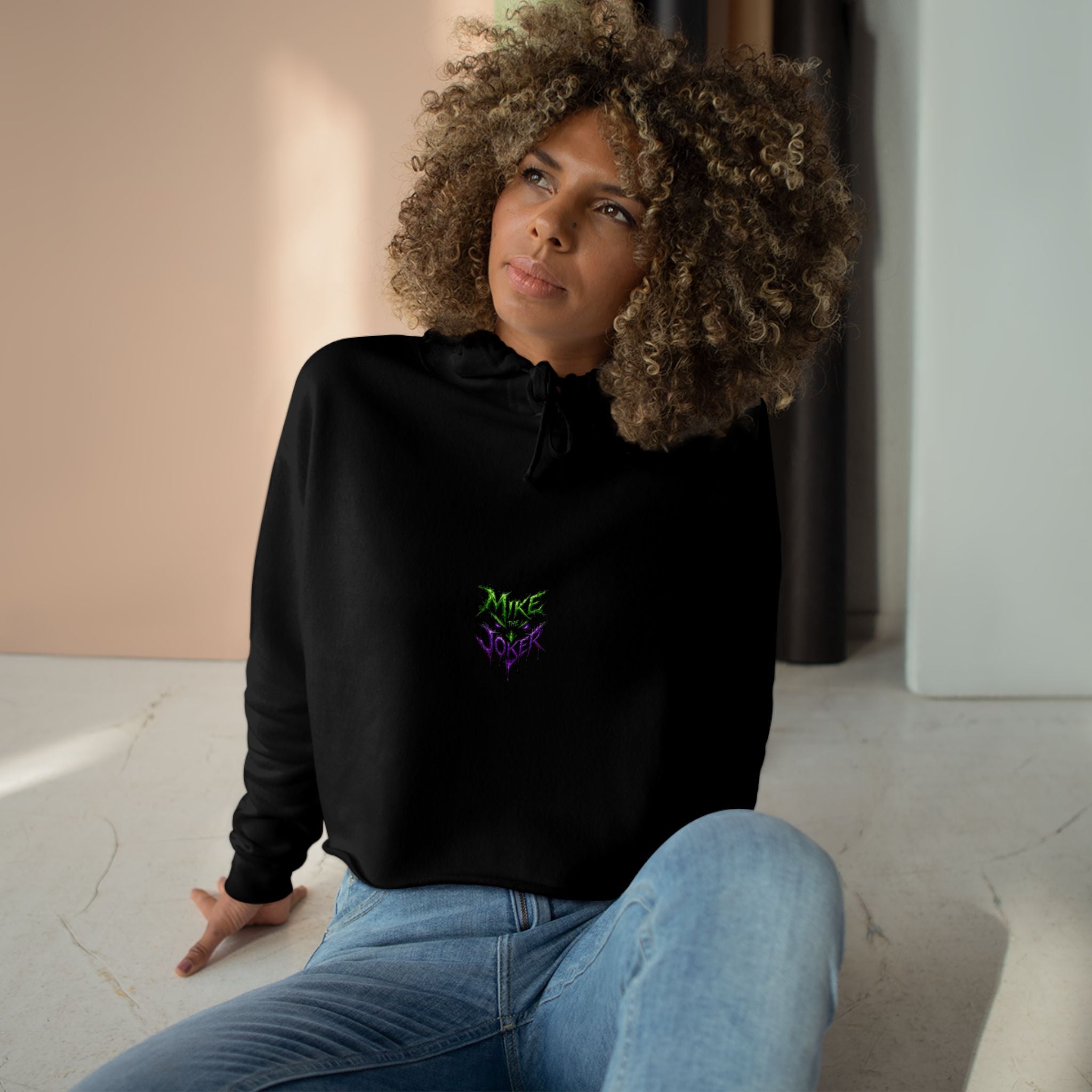 Crop Hoodie — 'Mixe Joker' Minimal Front / Bold Back Graphic Cropped Hoodie