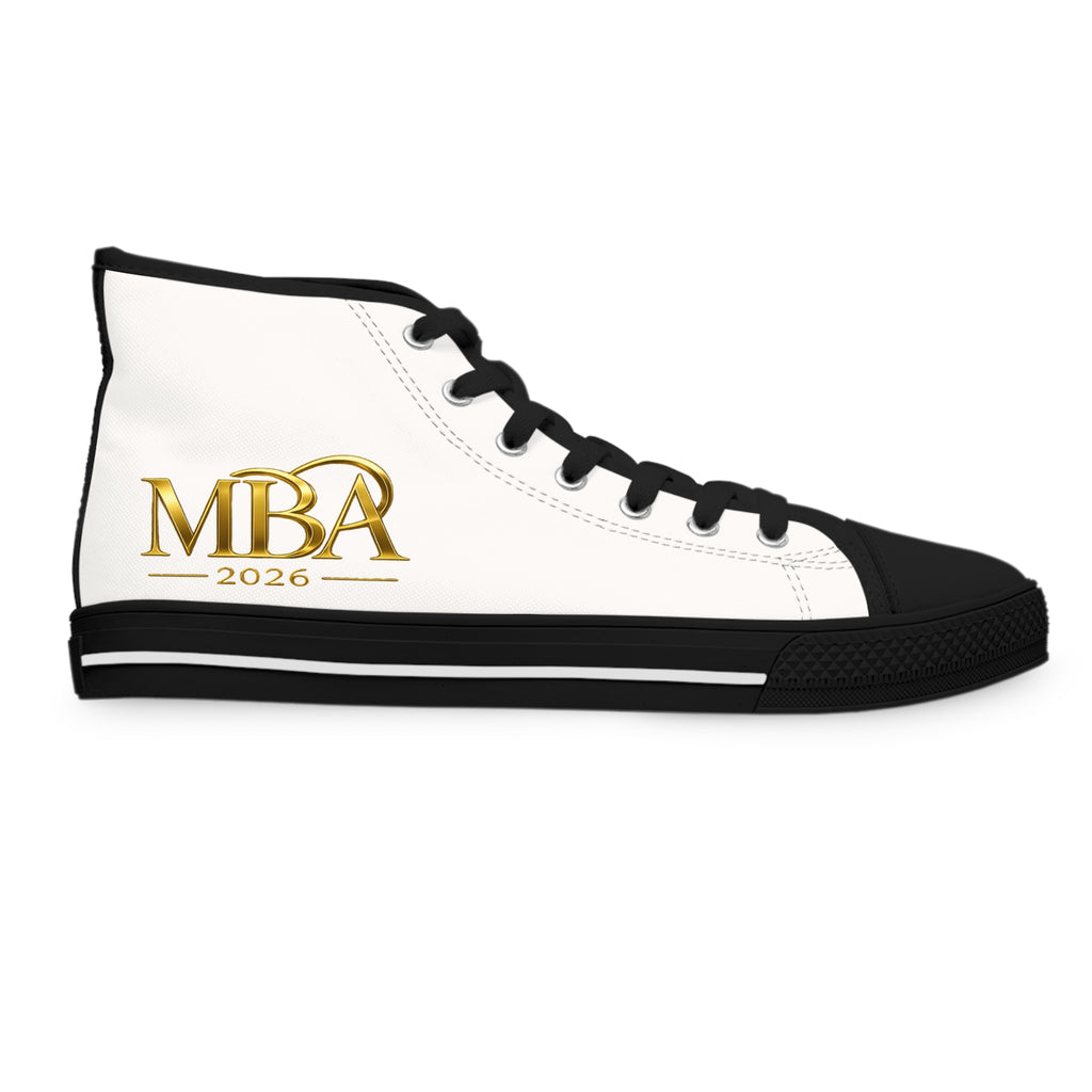 Women's High Top Sneakers — White Canvas Casual Trainers with Gold Monogram Accent