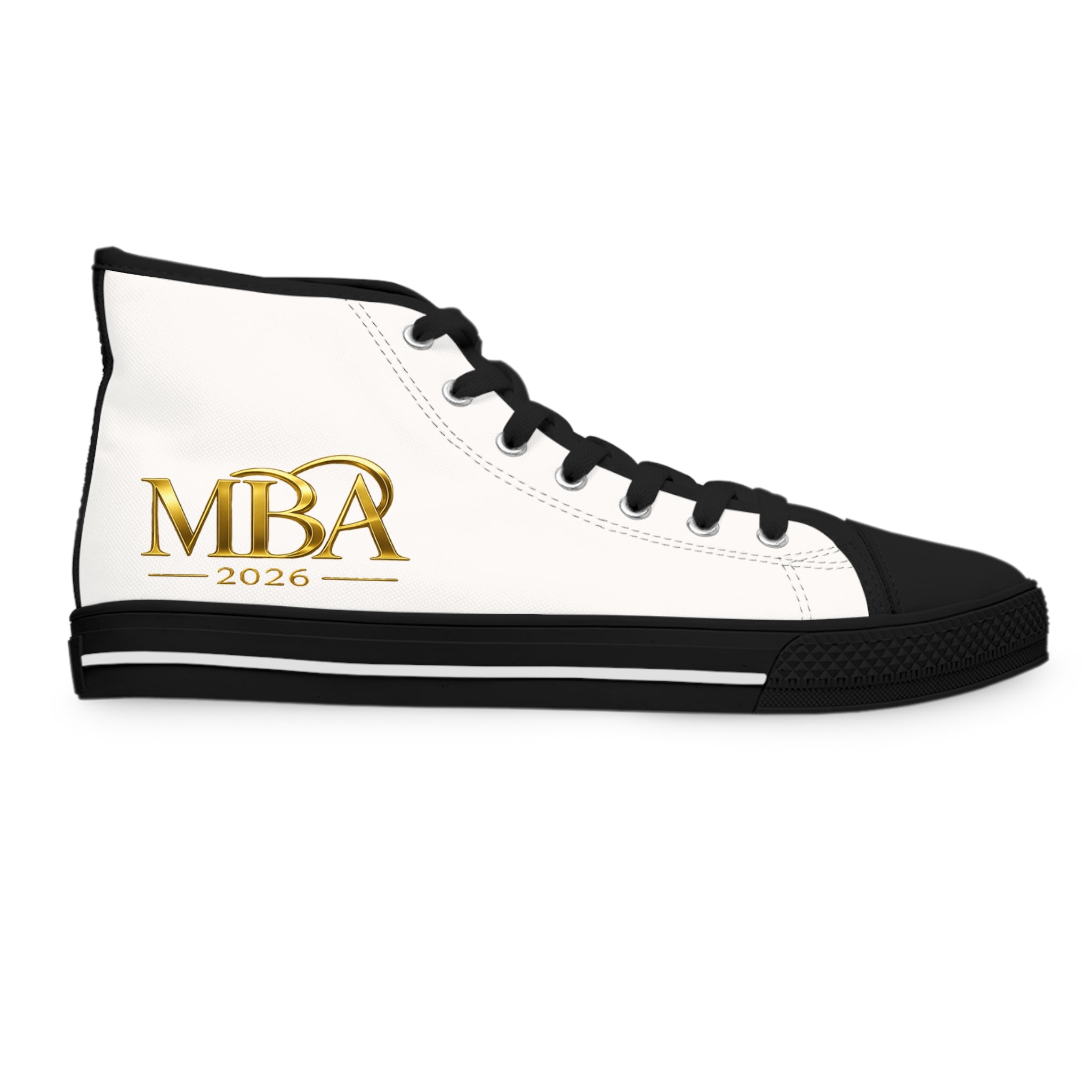Women's High Top Sneakers — White Canvas Casual Trainers with Gold Monogram Accent