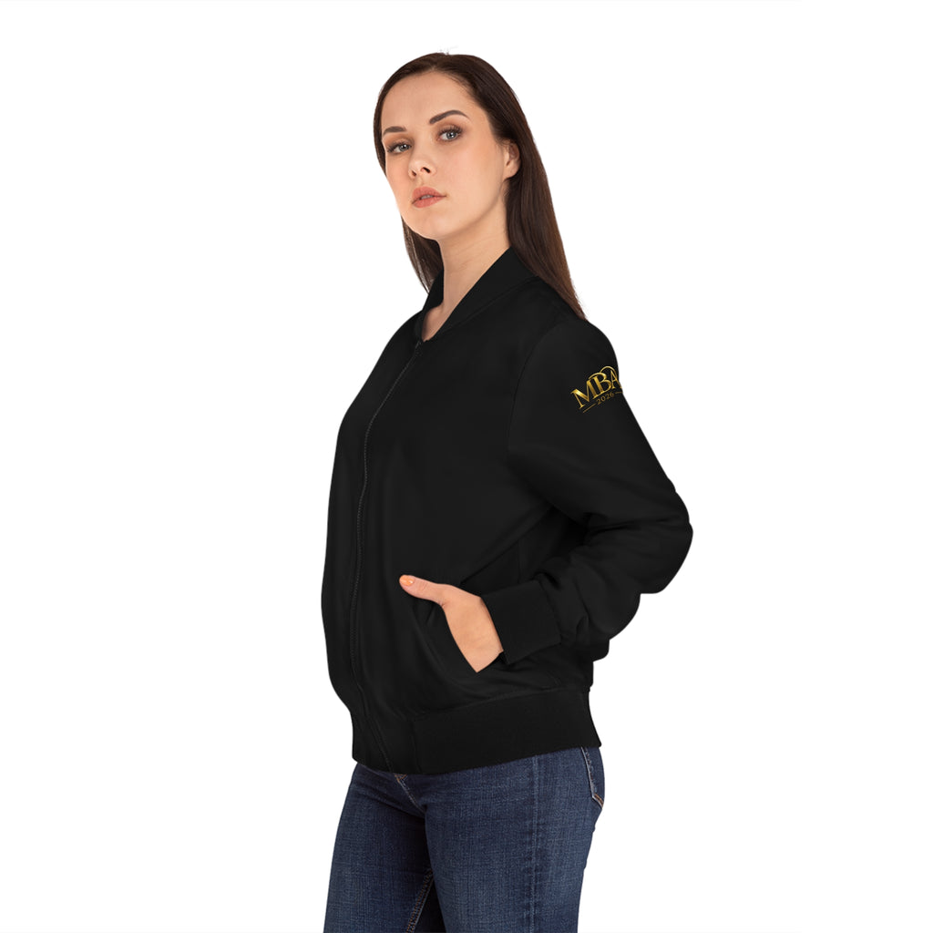 Gold Emblem Women's Bomber Jacket – Black Satin Lettering