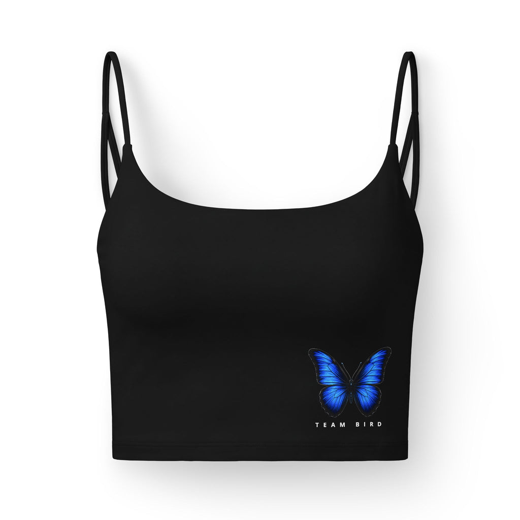 Butterfly Luxe Crop Bra — Womens Black Strappy Bra with Blue Butterfly "I AM WILD"