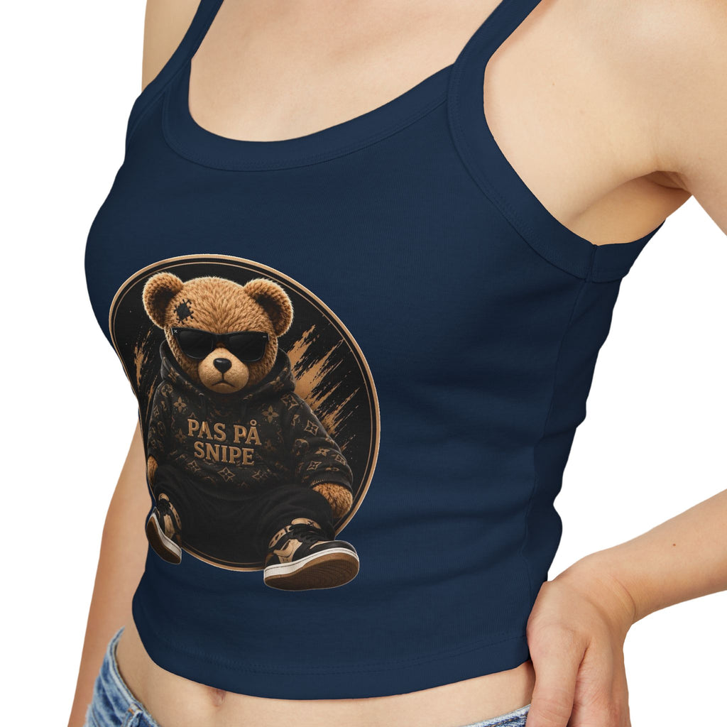 Teddy Bear Graphic Tank Top — "Pas På Snipe" Cute Vintage Bear Crop Top