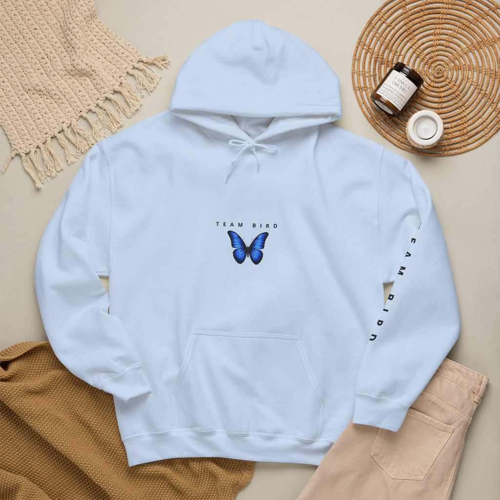 Butterfly Hoodie — "Team Bird" Blue Butterfly Graphic Hooded Sweatshirt