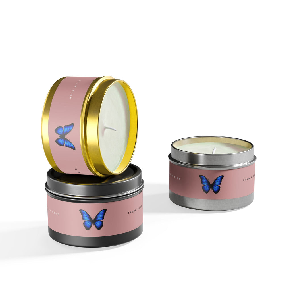 Butterfly Tin Candle — Floral & Vanilla Scented Travel Candle, 'Team Bird' Pink Label