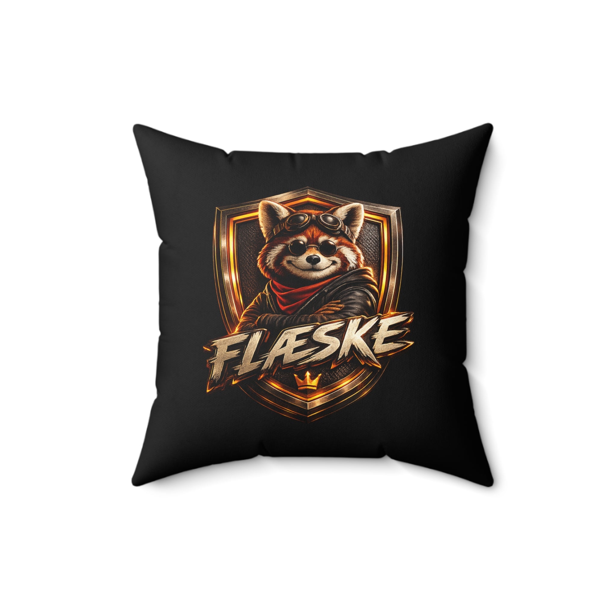 Red Panda Crest Throw Pillow — 'FLÆSKE' Gaming Emblem Accent Pillow
