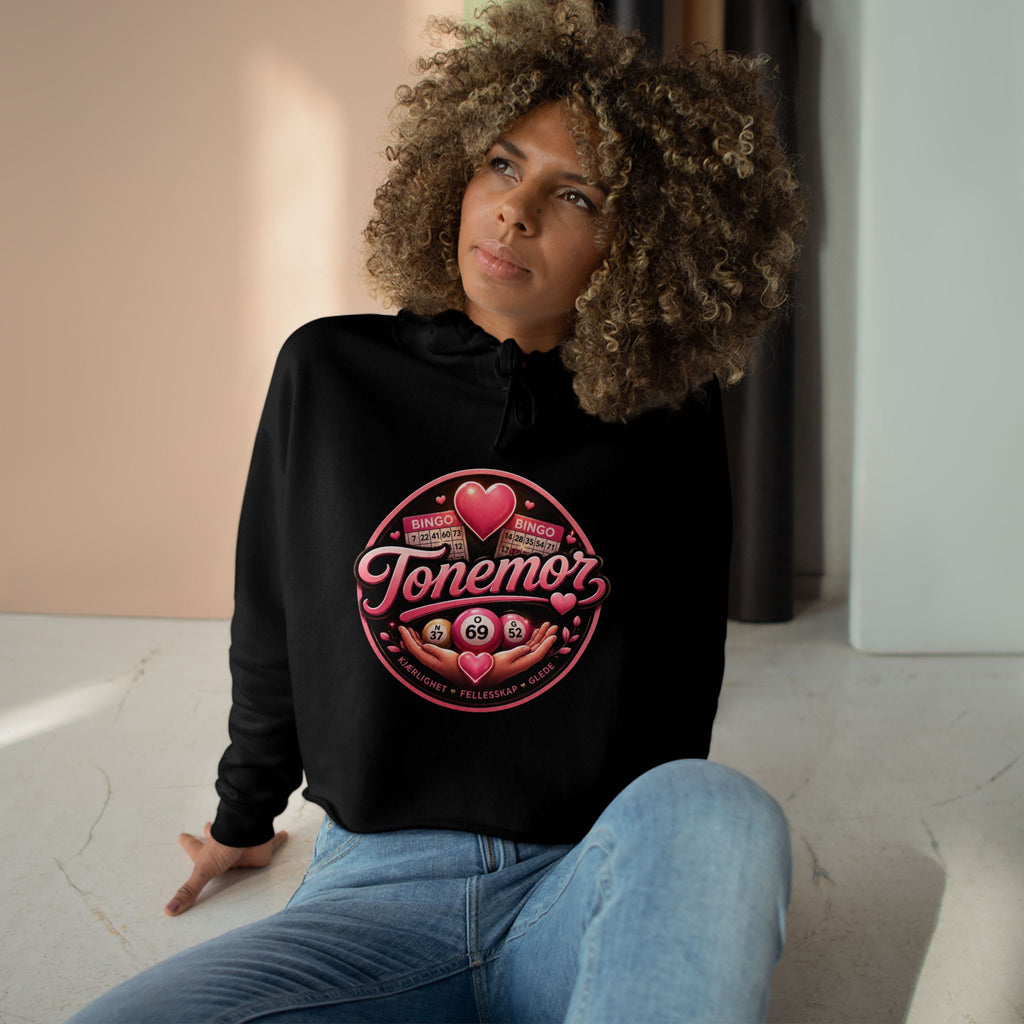 Tonemor Heart Badge Crop Hoodie — Retro Valentine Graphic Crop Hoodie