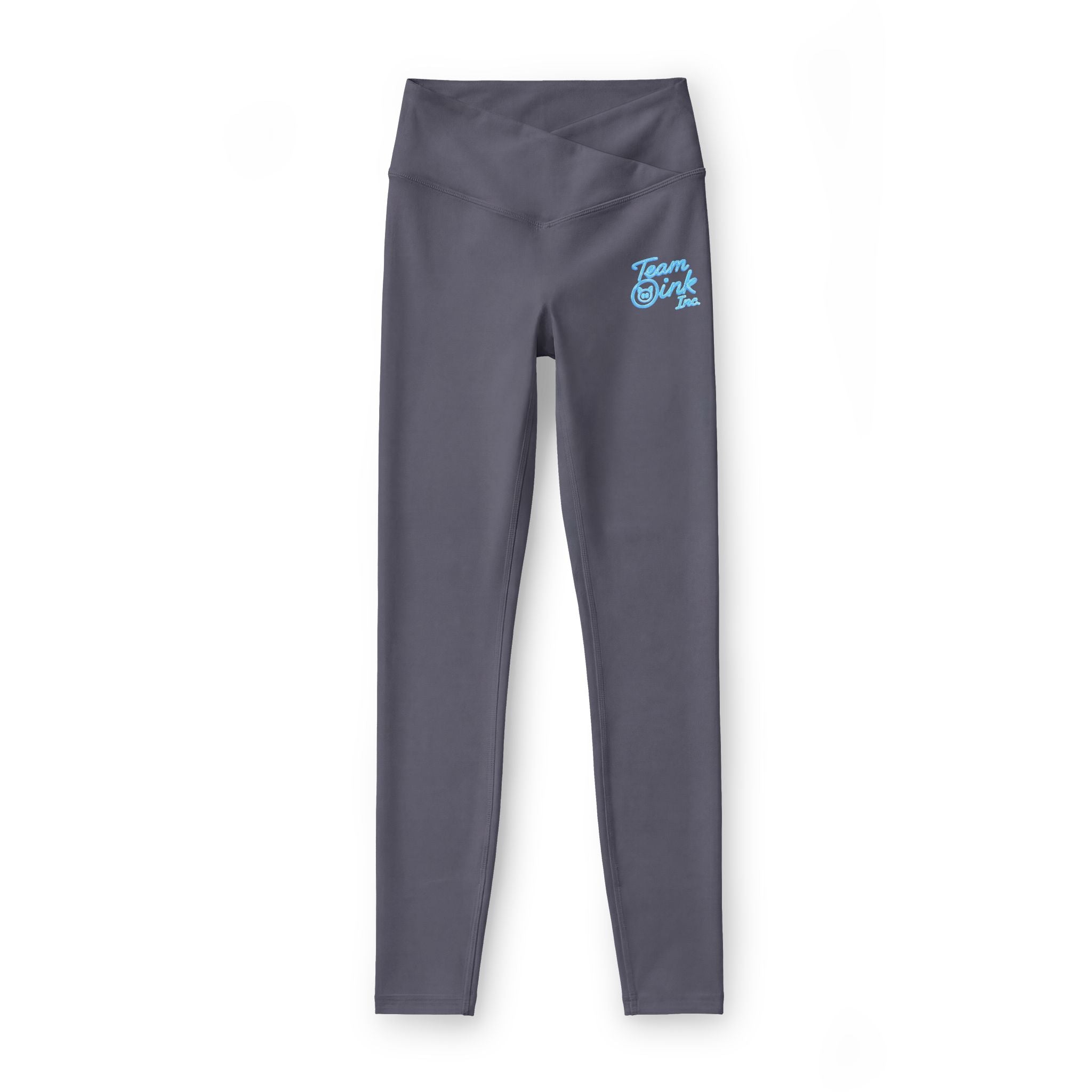 Women’s Luxe Leggings — V-Waist Charcoal Leggings with Small Blue Scooter Graphic