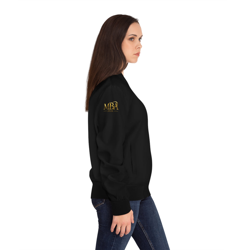 Gold Emblem Women's Bomber Jacket – Black Satin Lettering