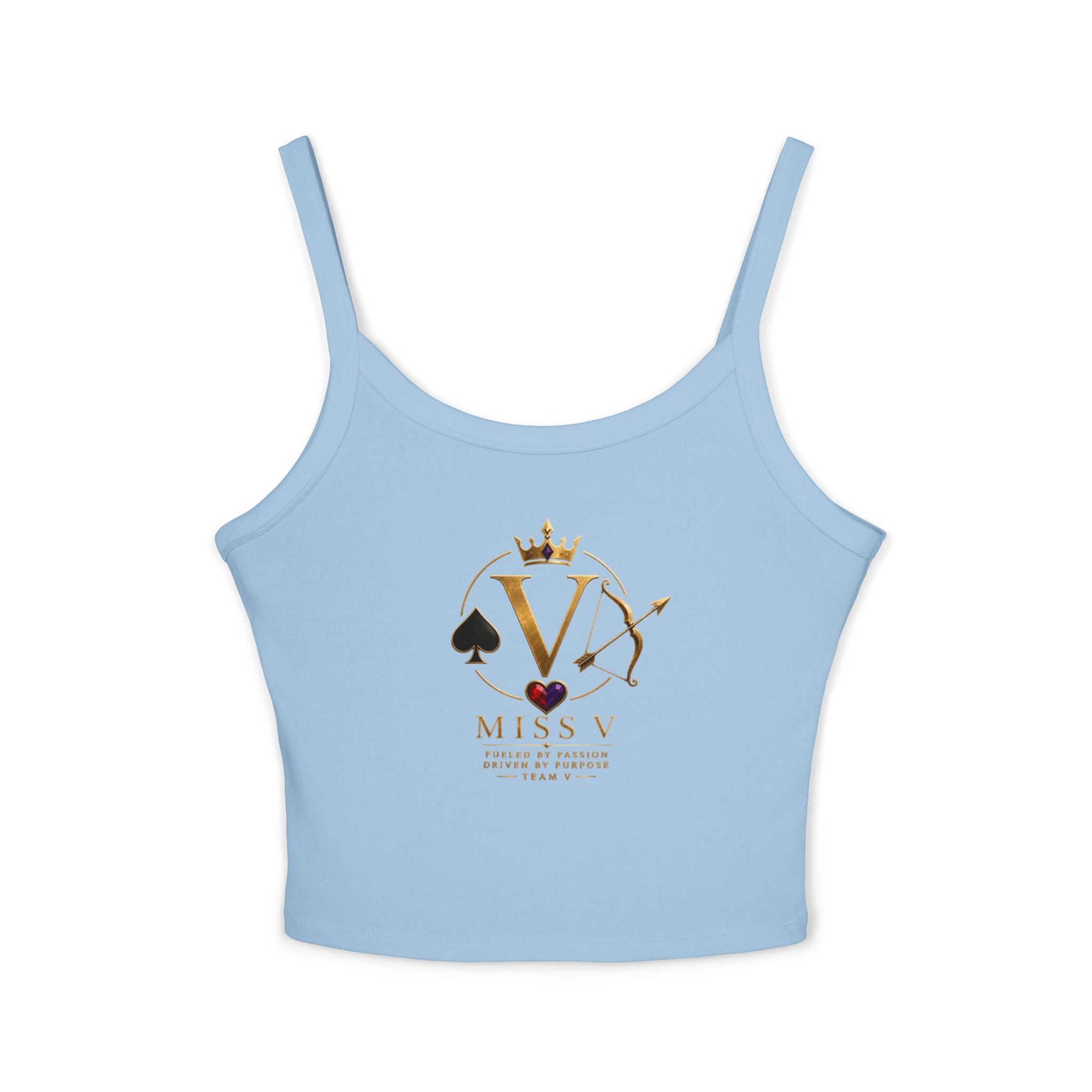 Spaghetti Tank Top — "Miss V" Gold Crown Playing Card Logo Crop