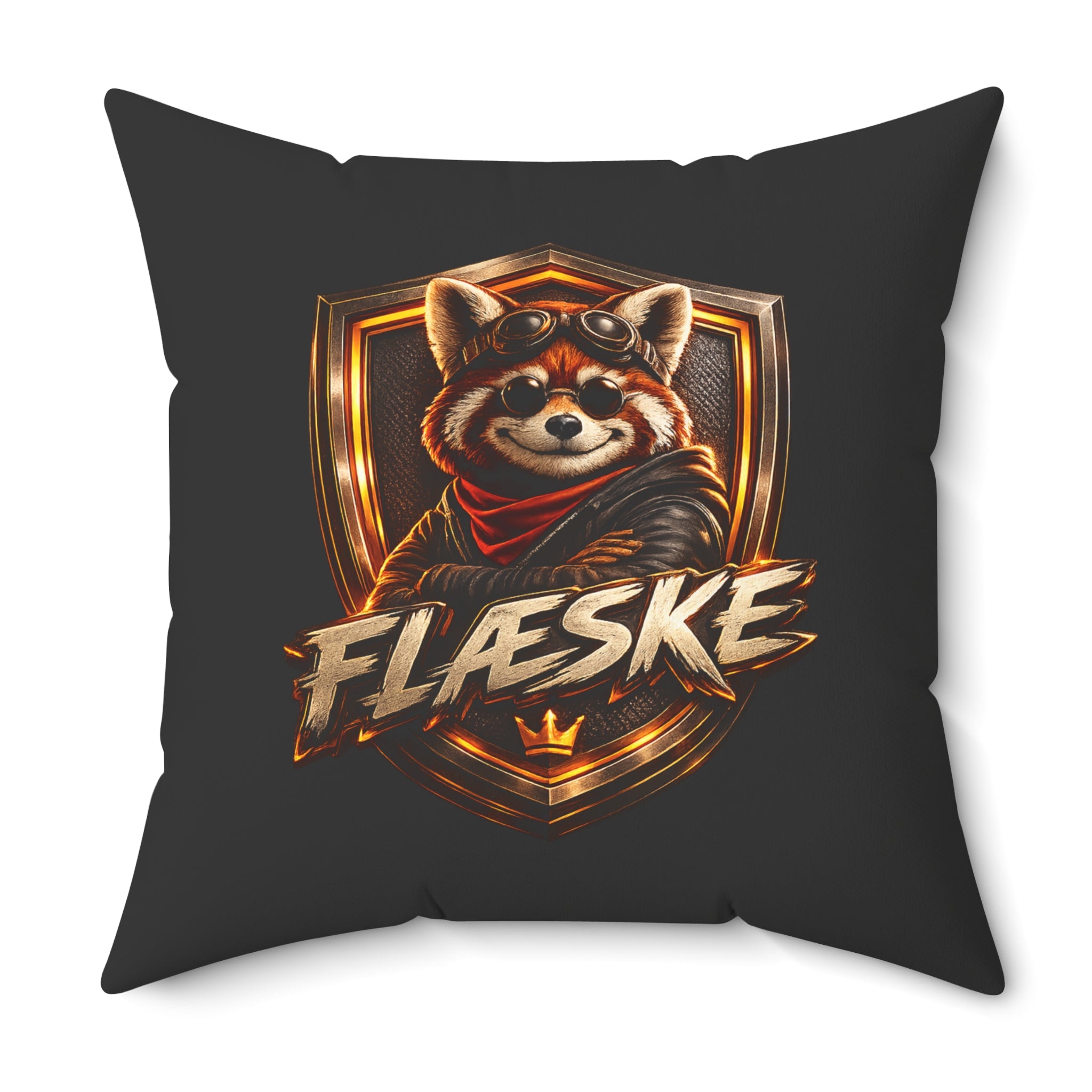 Red Panda Crest Throw Pillow — 'FLÆSKE' Gaming Emblem Accent Pillow