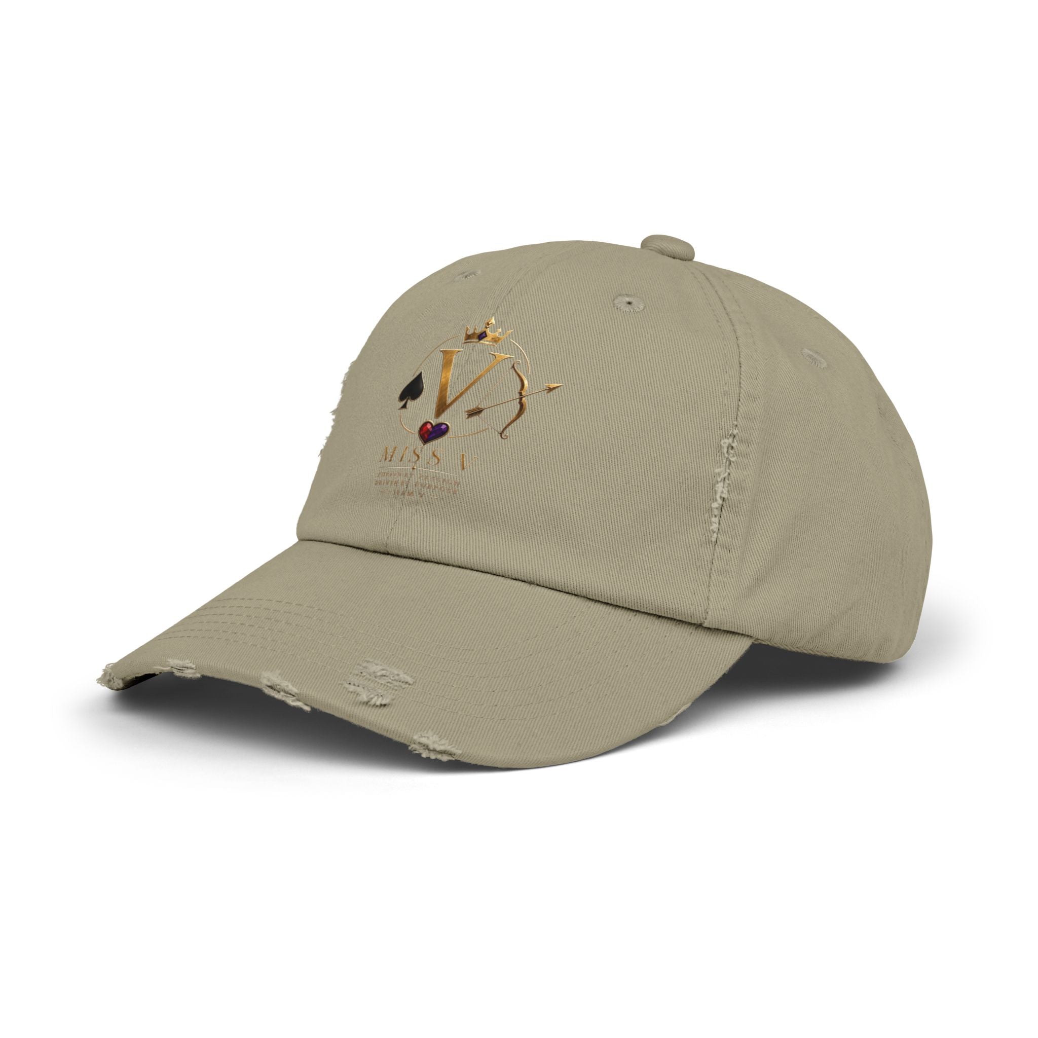 Distressed Black Cap — Miss V Crown & Card Emblem