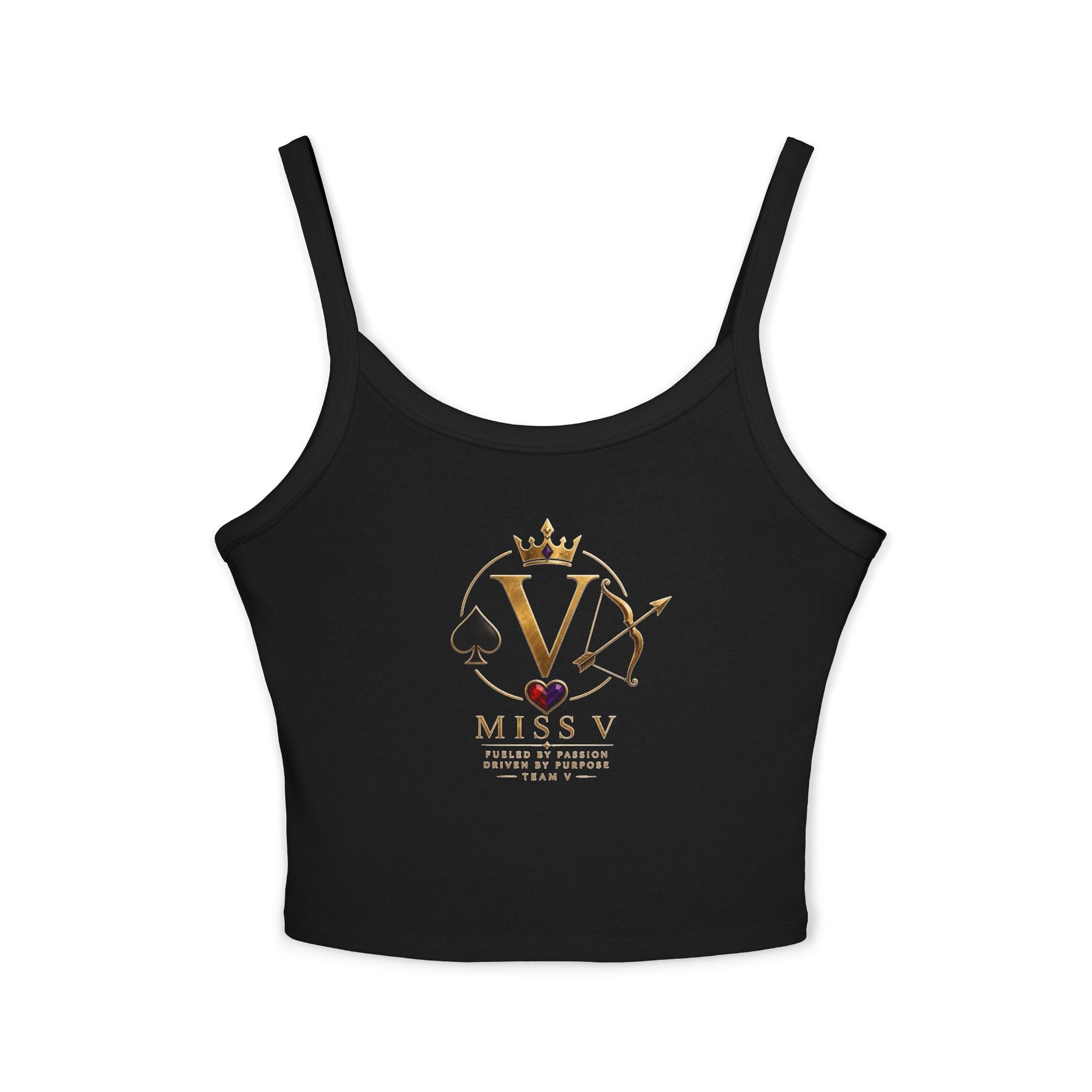 Spaghetti Tank Top — "Miss V" Gold Crown Playing Card Logo Crop