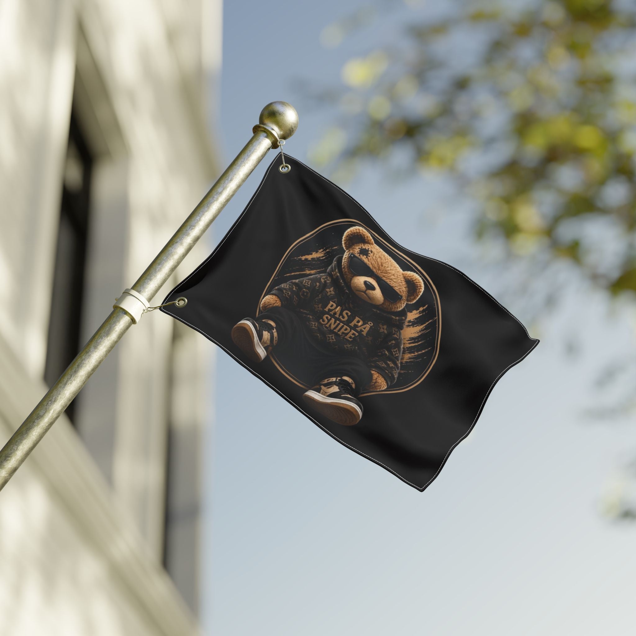 Double-Sided Flag — Cool Teddy Bear "Pas På Snipe" Outdoor Banner