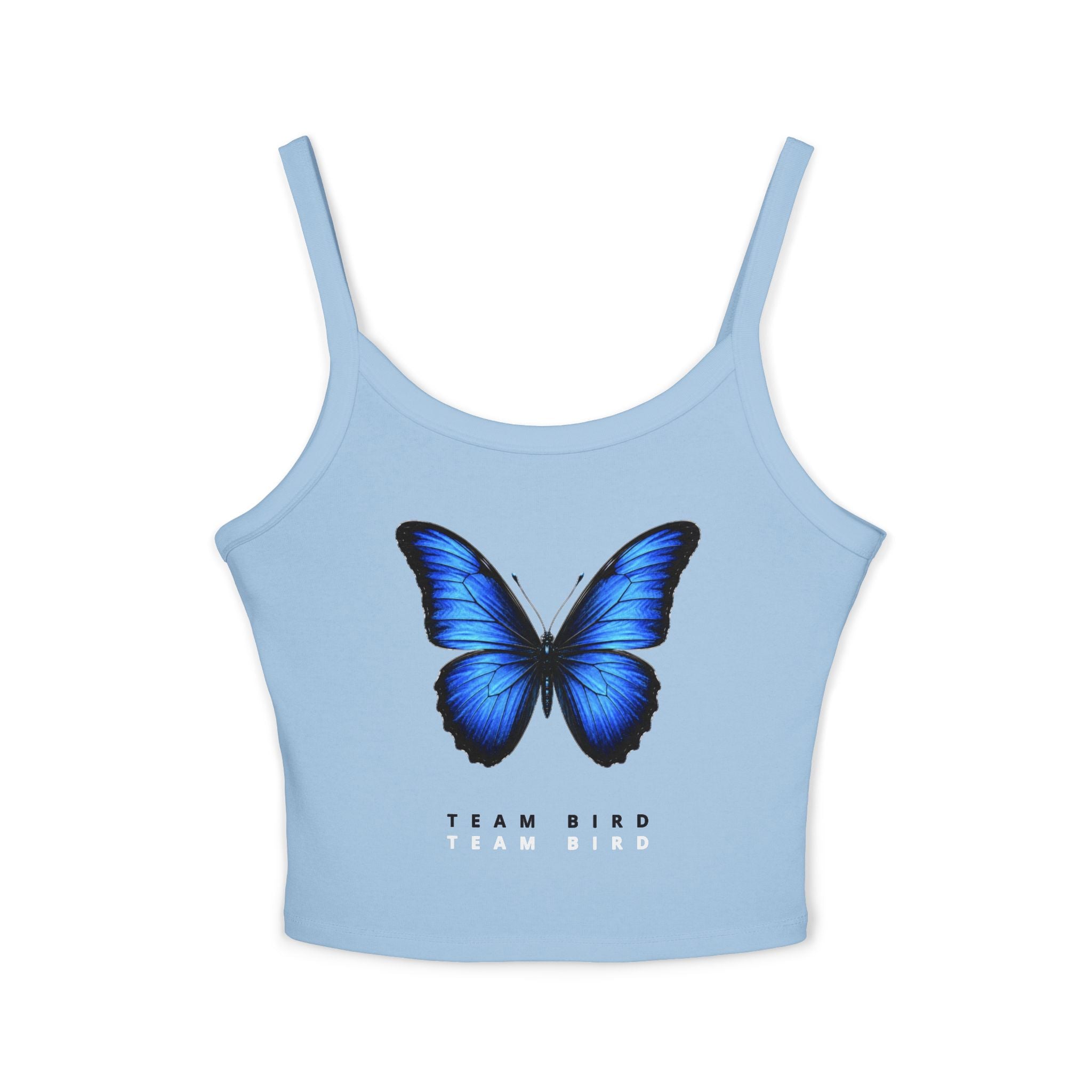 Blue Butterfly Crop Tank — "Team Bird" Women's Spaghetti Strap Top
