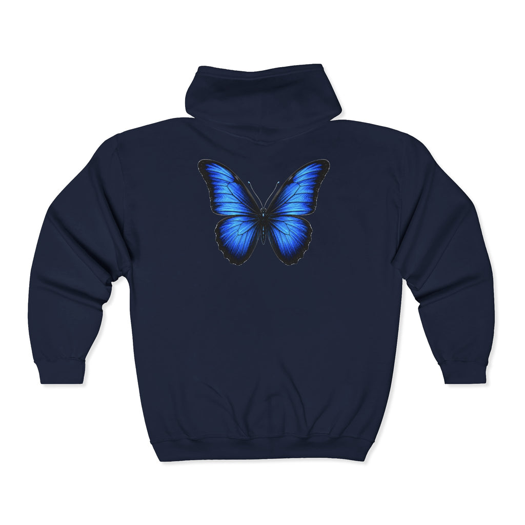 Blue Butterfly Zip Hoodie — "Team Bird" Minimal Front Logo, Vibrant Back Graphic