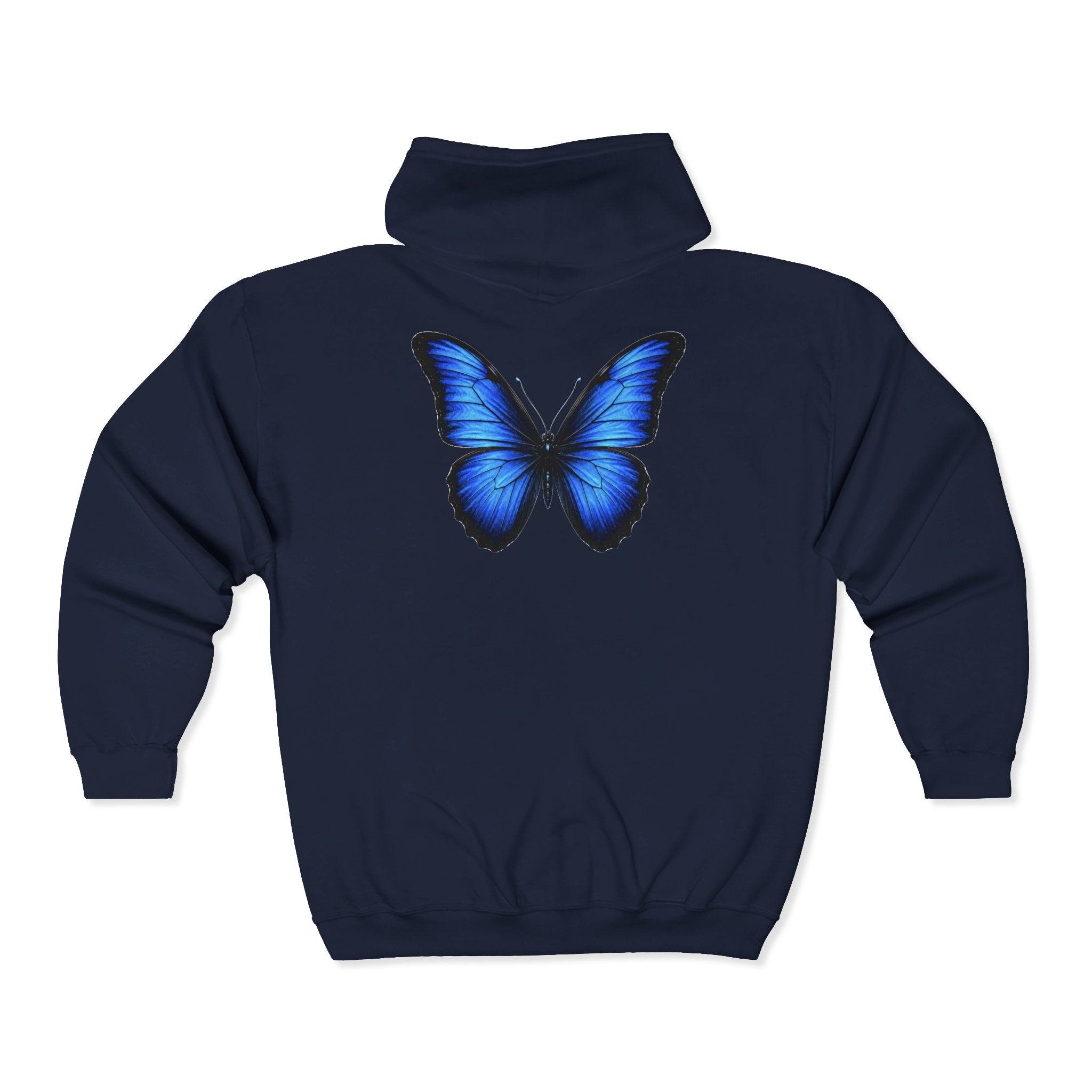 Blue Butterfly Zip Hoodie — "Team Bird" Minimal Front Logo, Vibrant Back Graphic