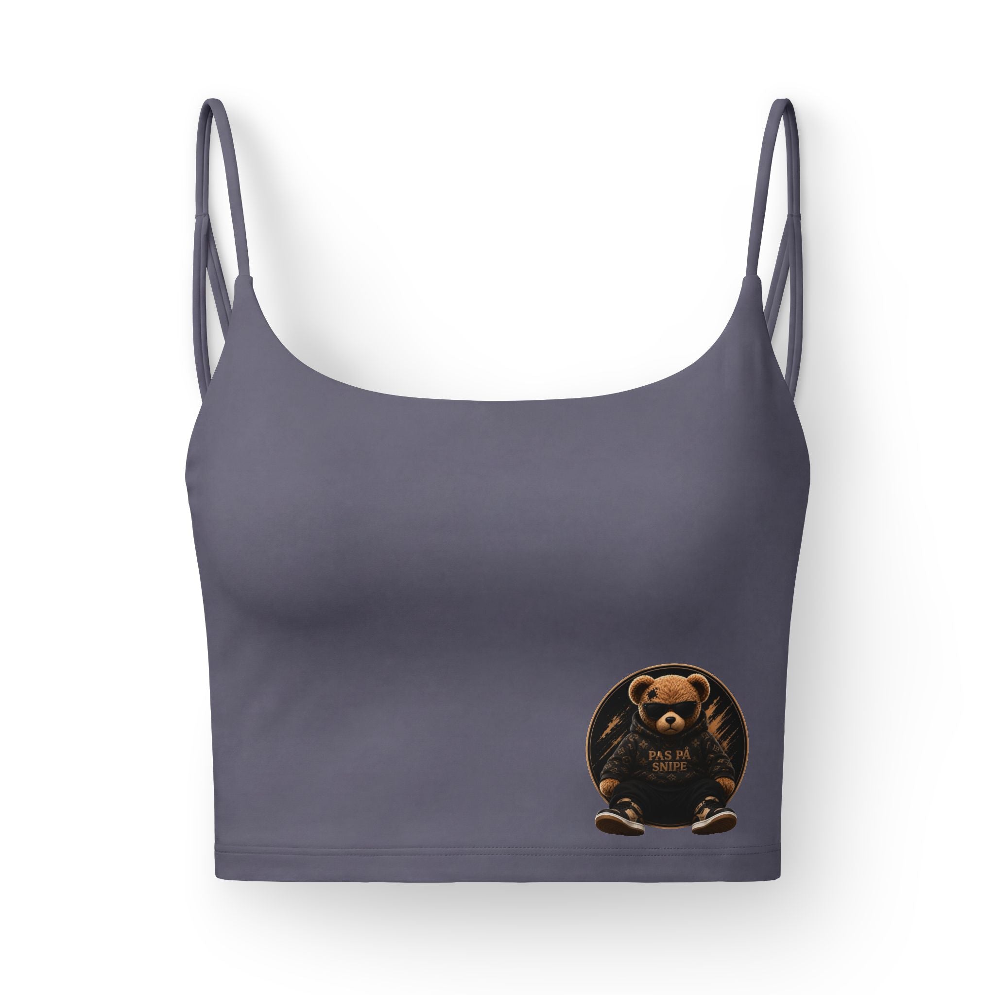 Bear Pocket Luxe Bra — Women's Cropped Strappy Bralette with Tiny Bear Graphic